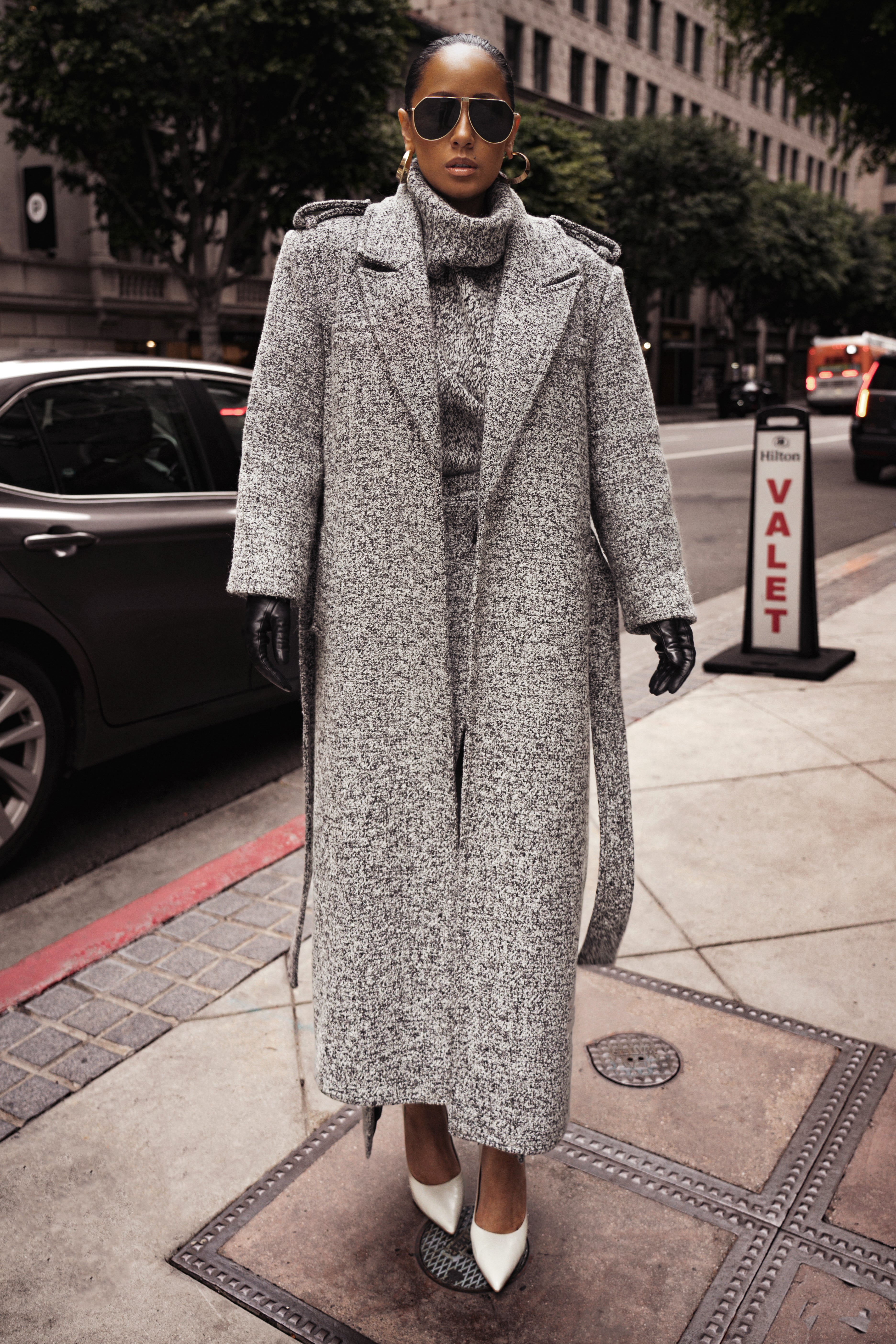 Lt. Grey Savannah Belted Tweed Coat - JLUXLABEL