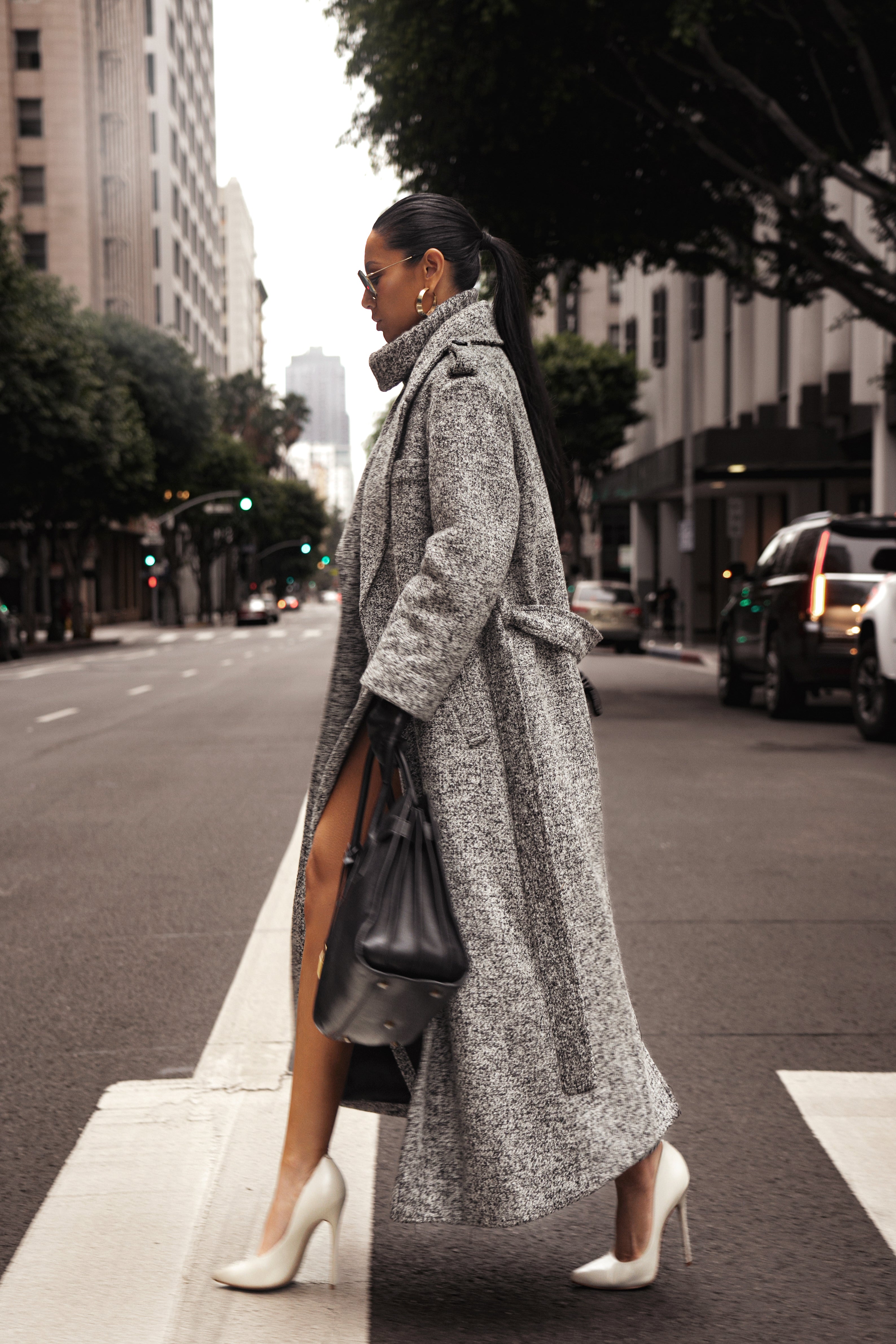 Lt. Grey Savannah Belted Tweed Coat - JLUXLABEL