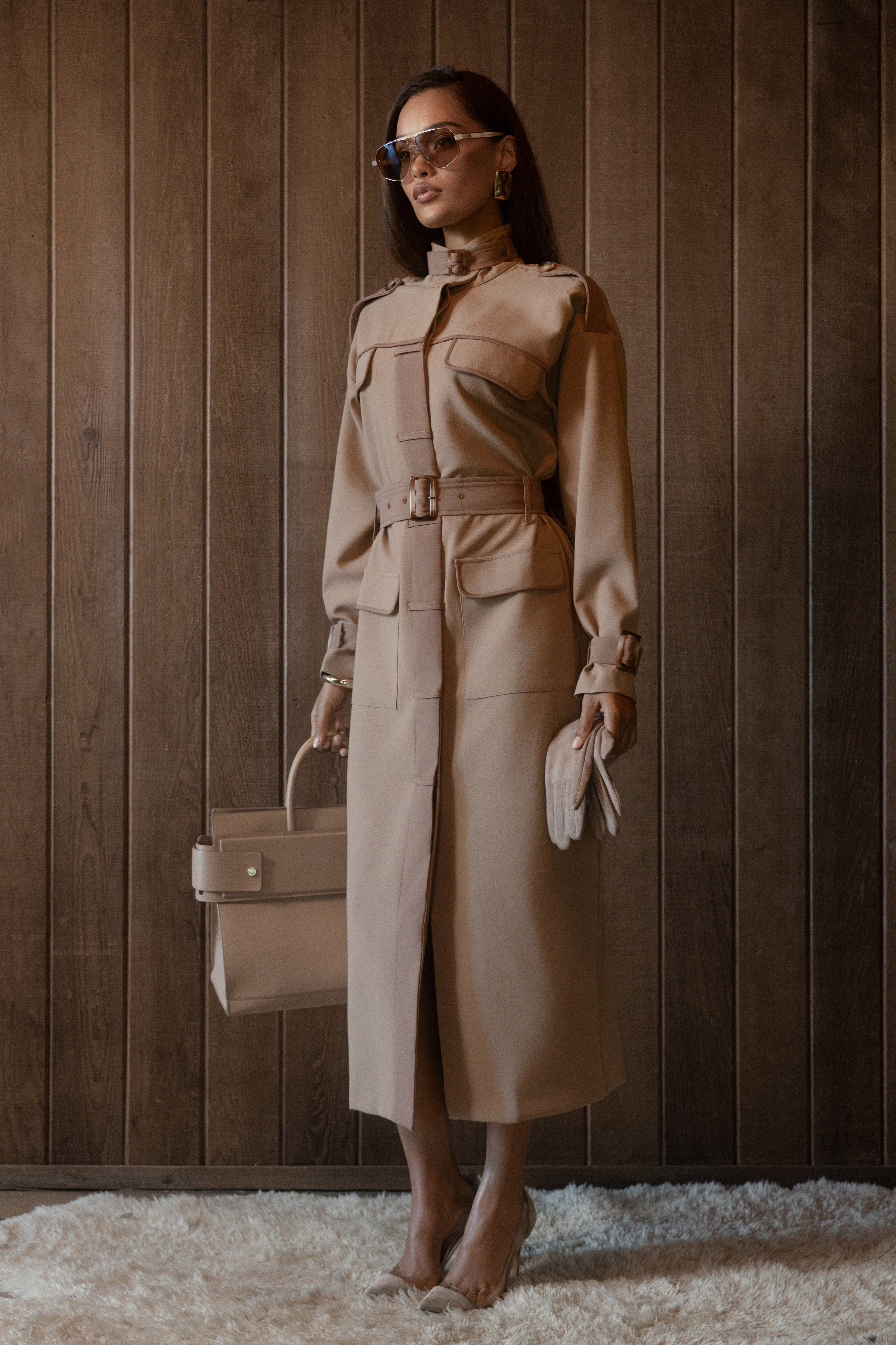 Beige Icon Belted Midi Dress - JLUXLABEL