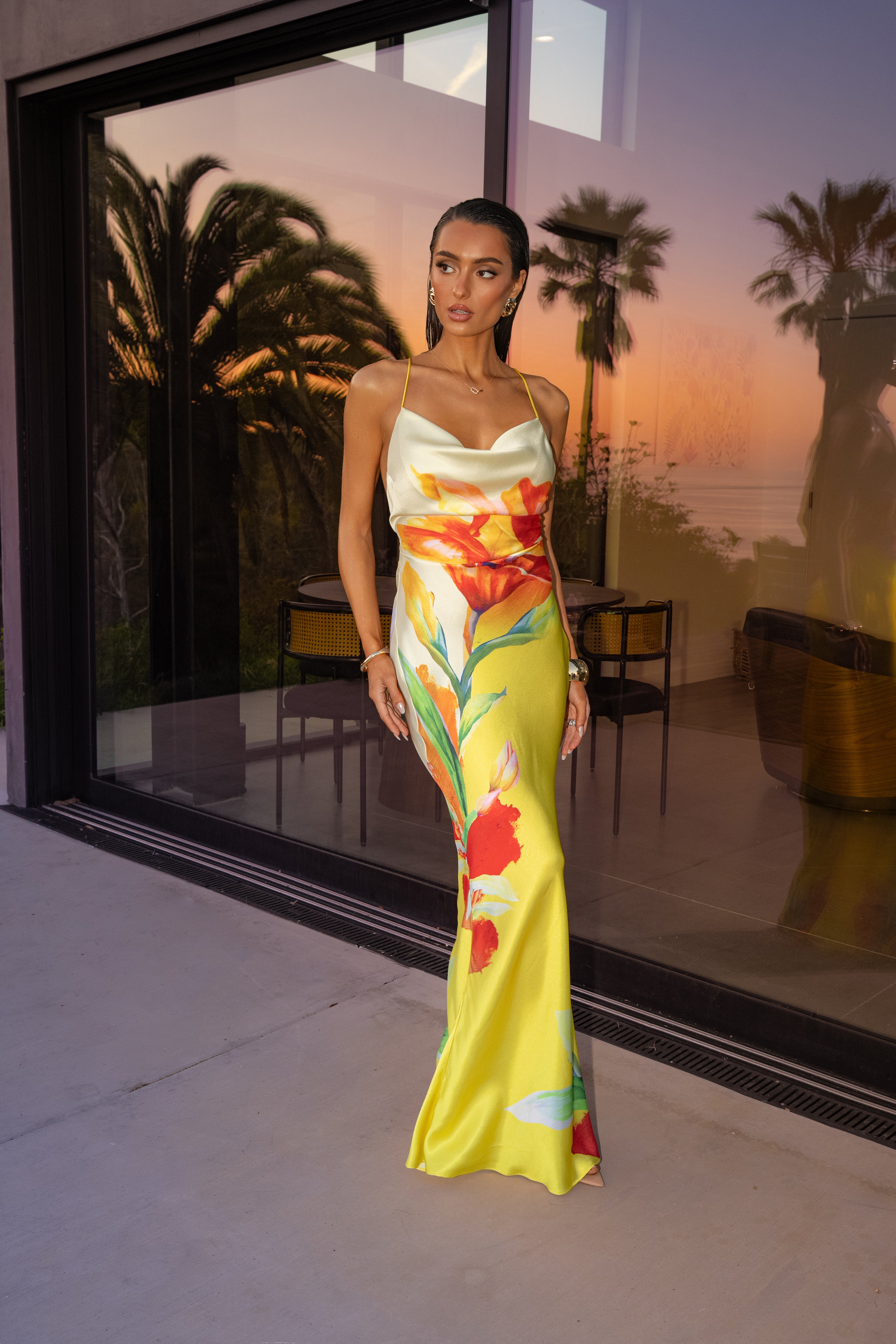 PRE-ORDER Yellow Satin Floral Print Maxi Dress - JLUXLABEL