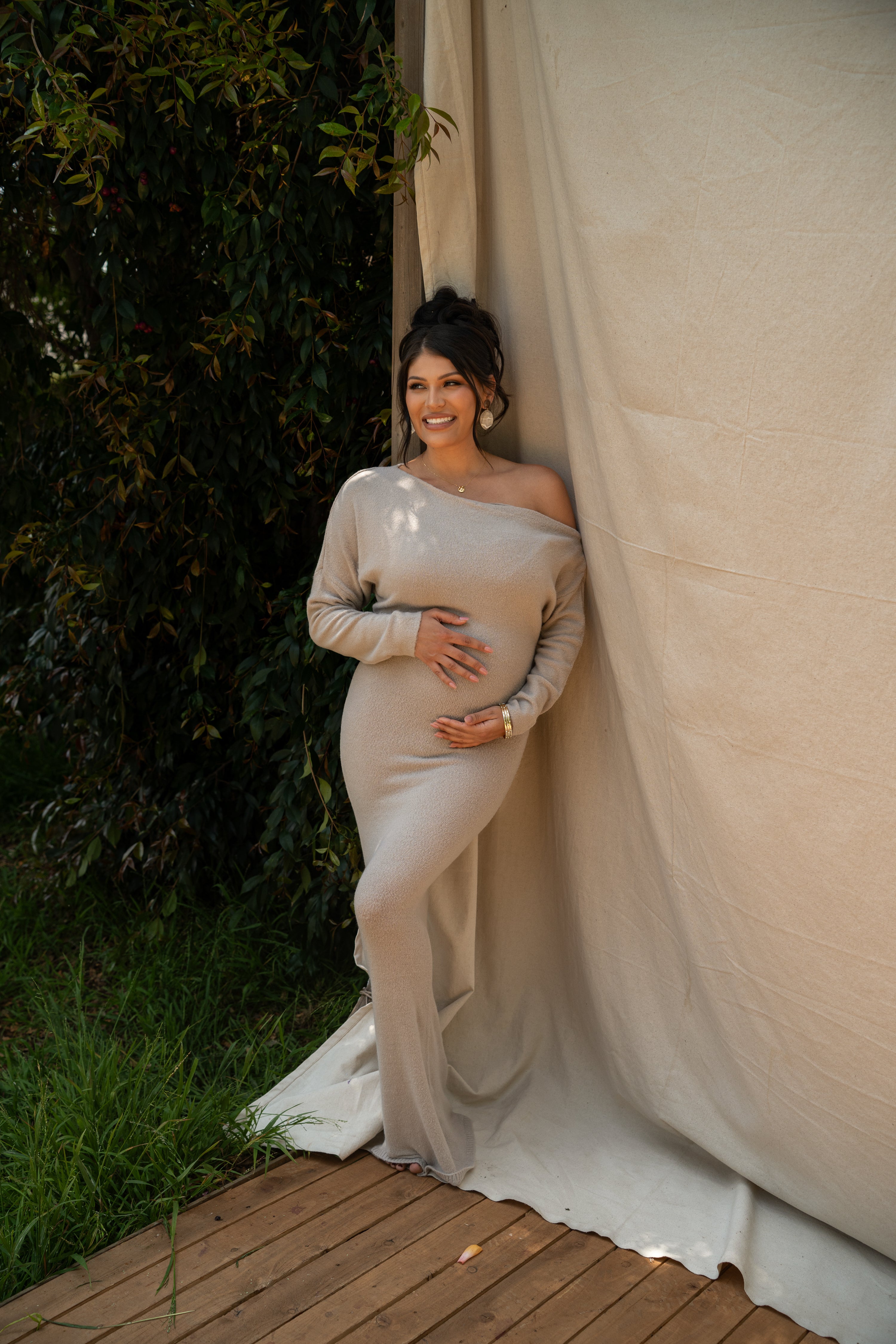 Beige Maddux Asymmetrical Maxi Dress - JLUXLABEL