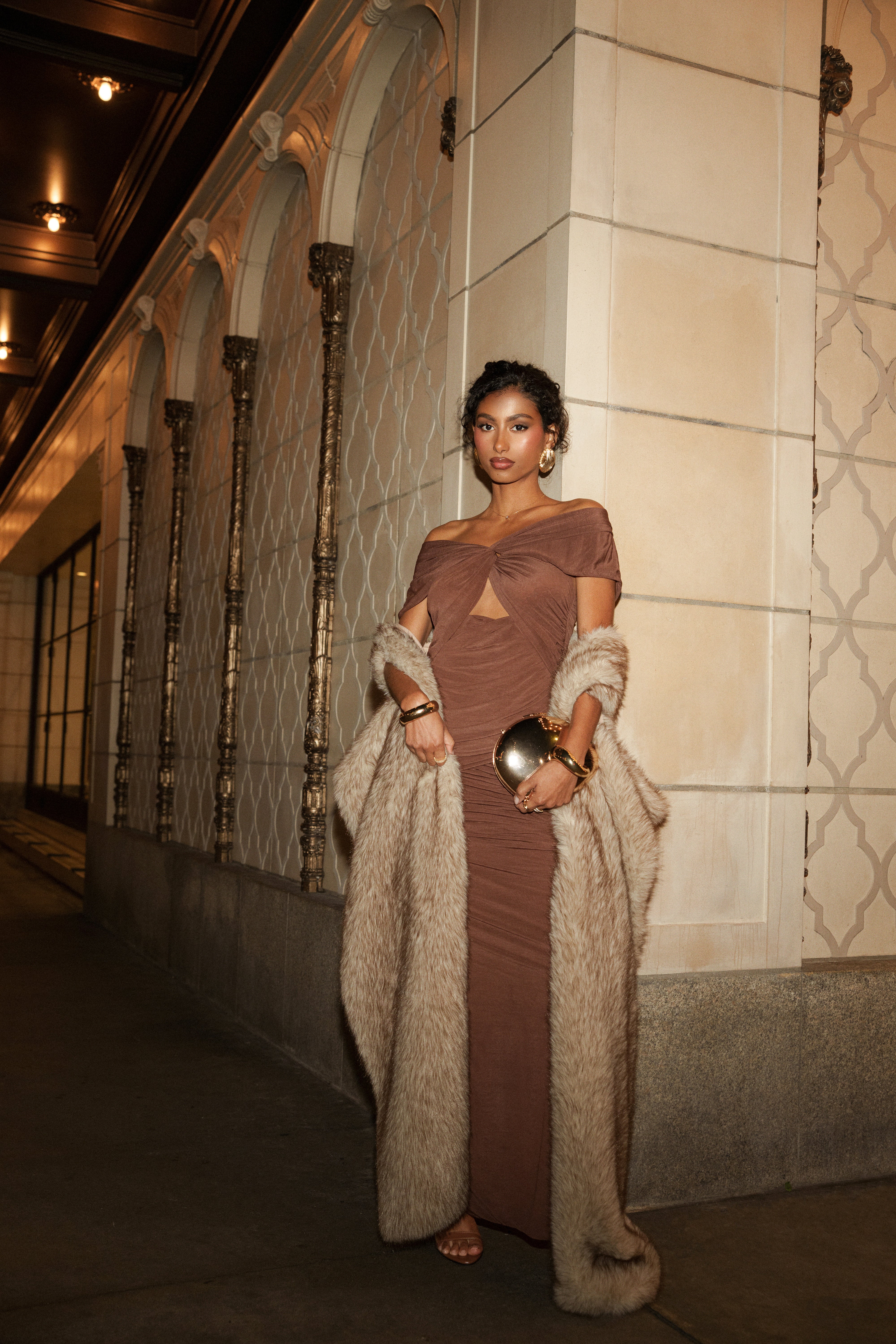 Chocolate Alessandra Off Shoulder Maxi Dress