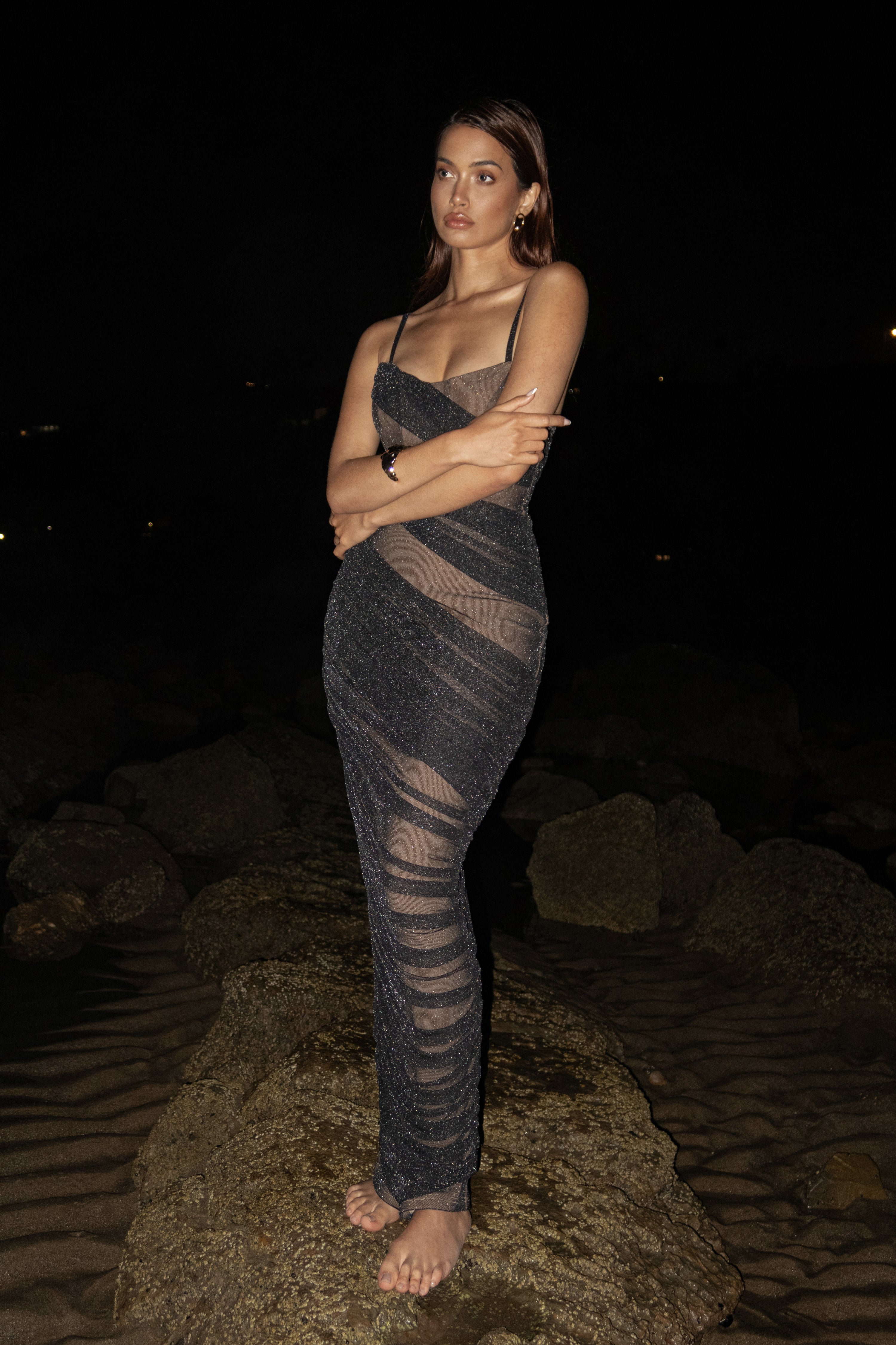 Black Catalina Lurex Knit Maxi Dress - JLUXLABEL