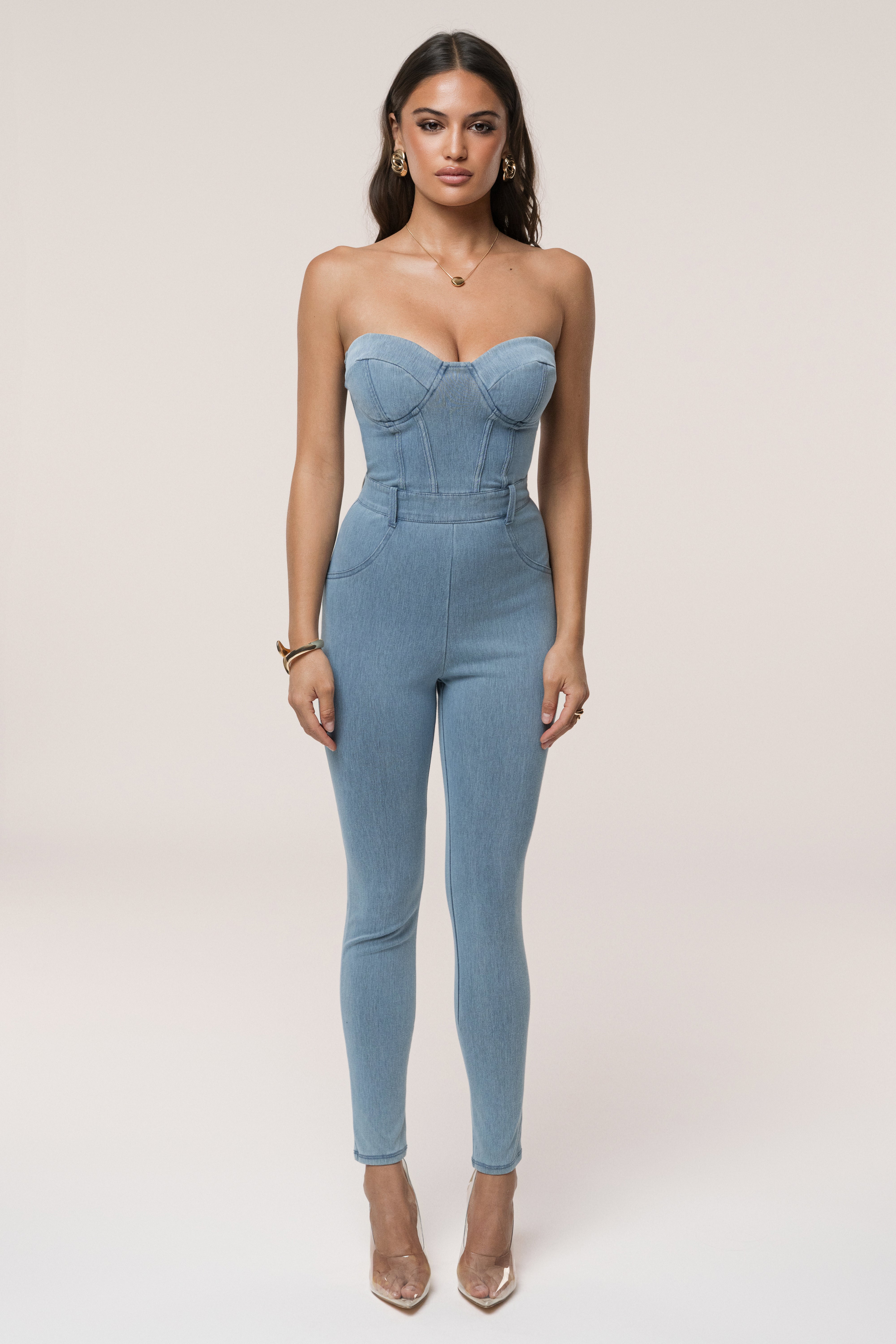 Medium Wash Denim Diya Bustier Jumpsuit - JLUXLABEL