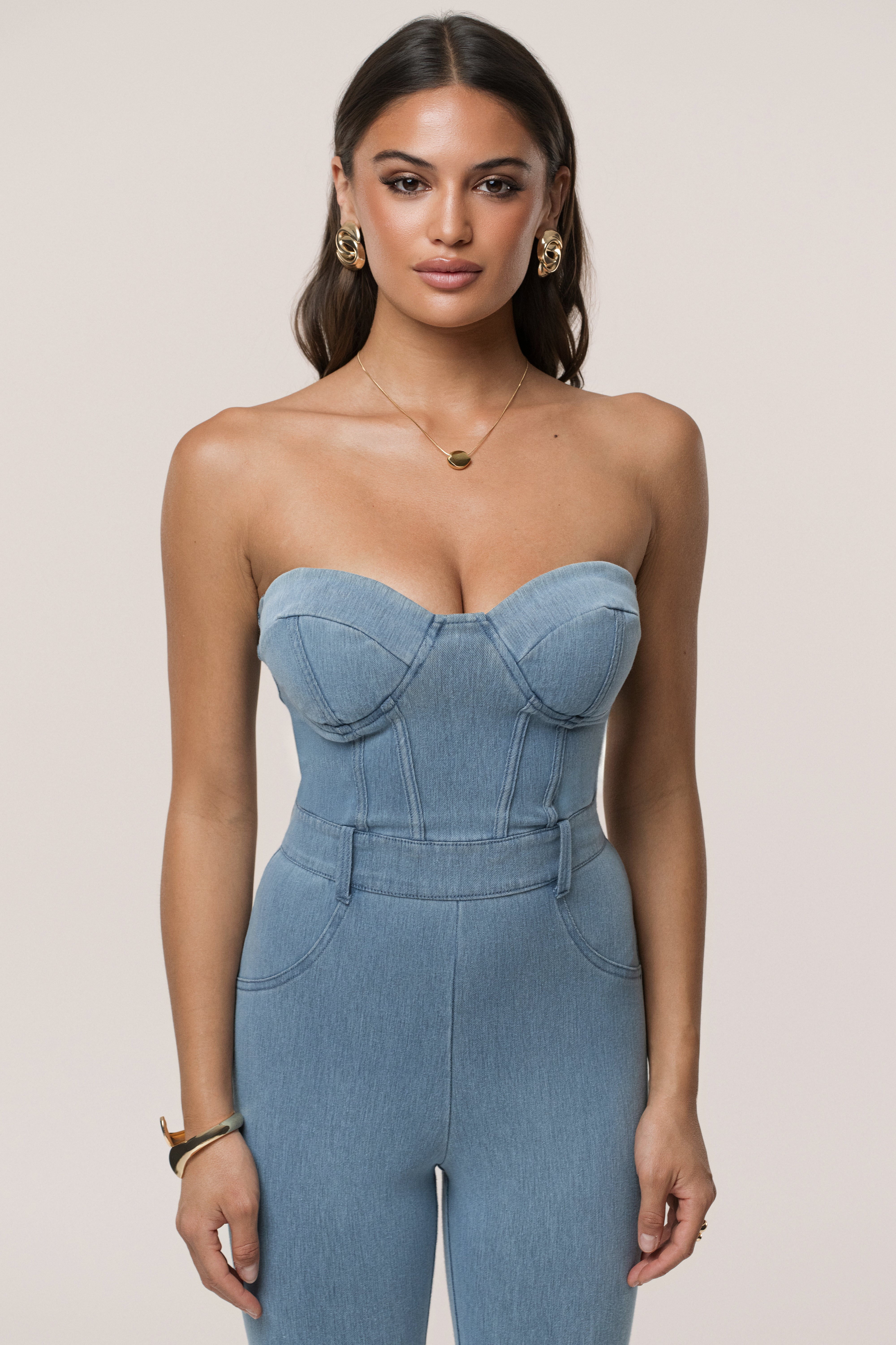 Medium Wash Denim Diya Bustier Jumpsuit - JLUXLABEL