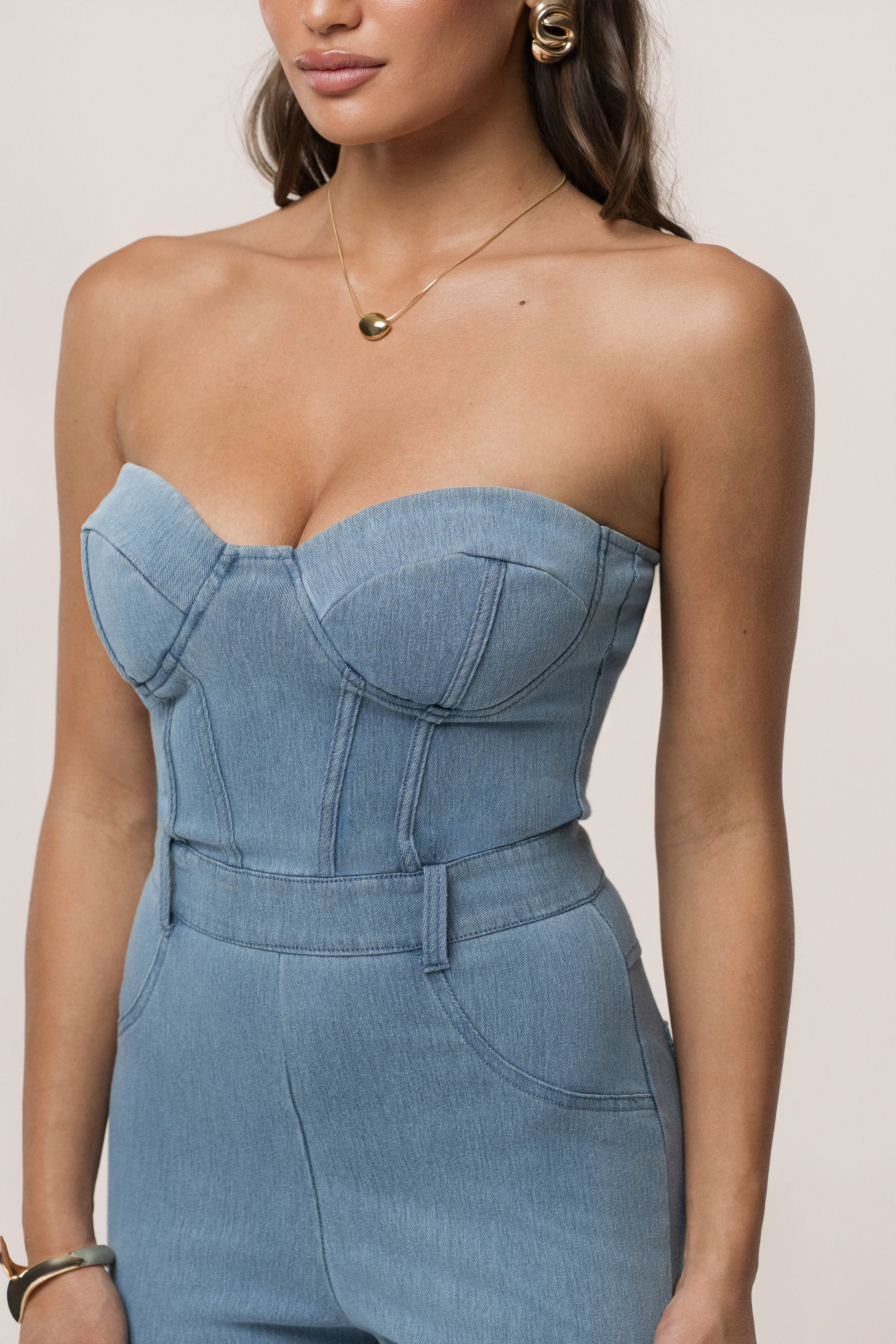 Medium Wash Denim Diya Bustier Jumpsuit - JLUXLABEL