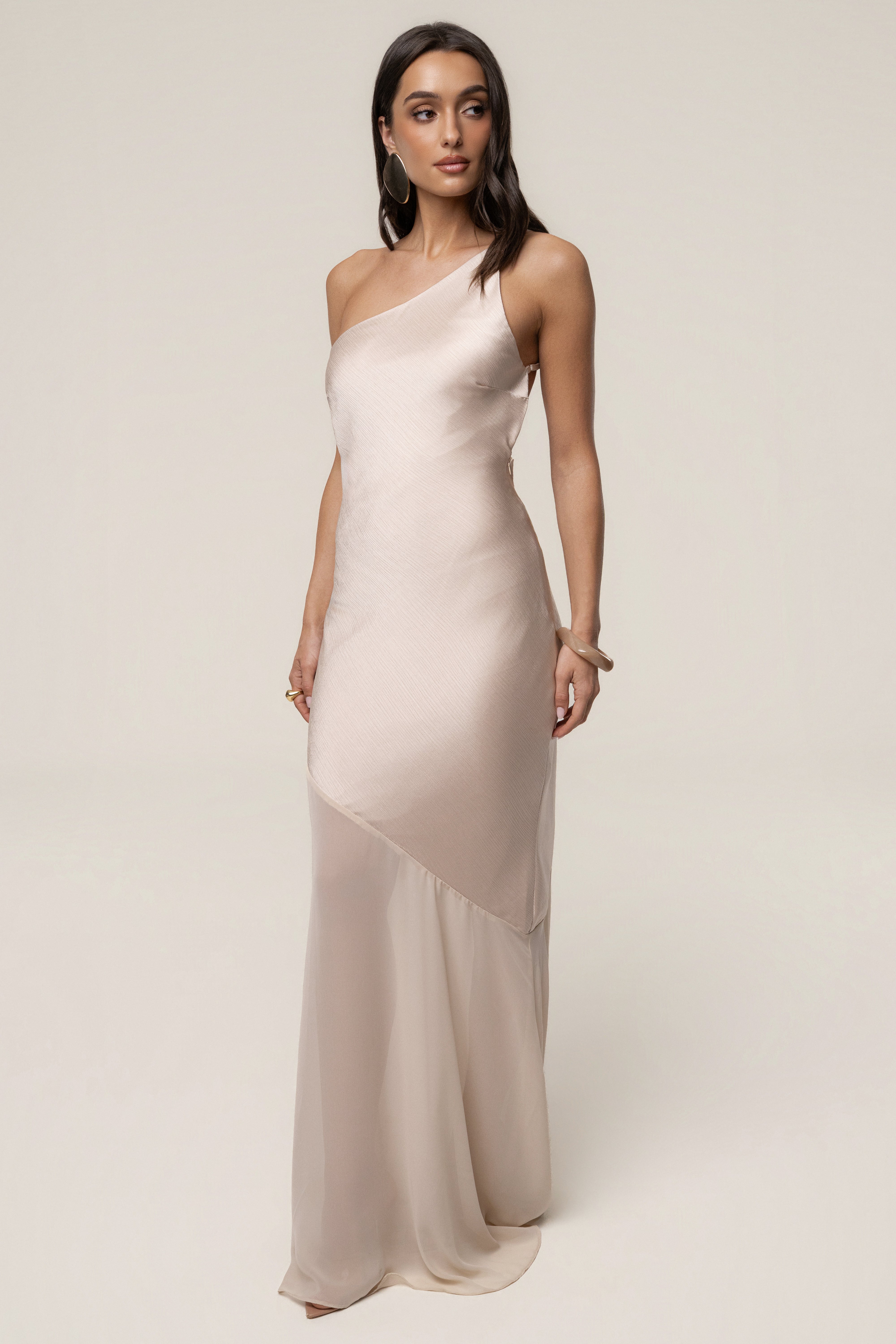 Champagne Olivia One Shoulder Maxi Dress - JLUXLABEL