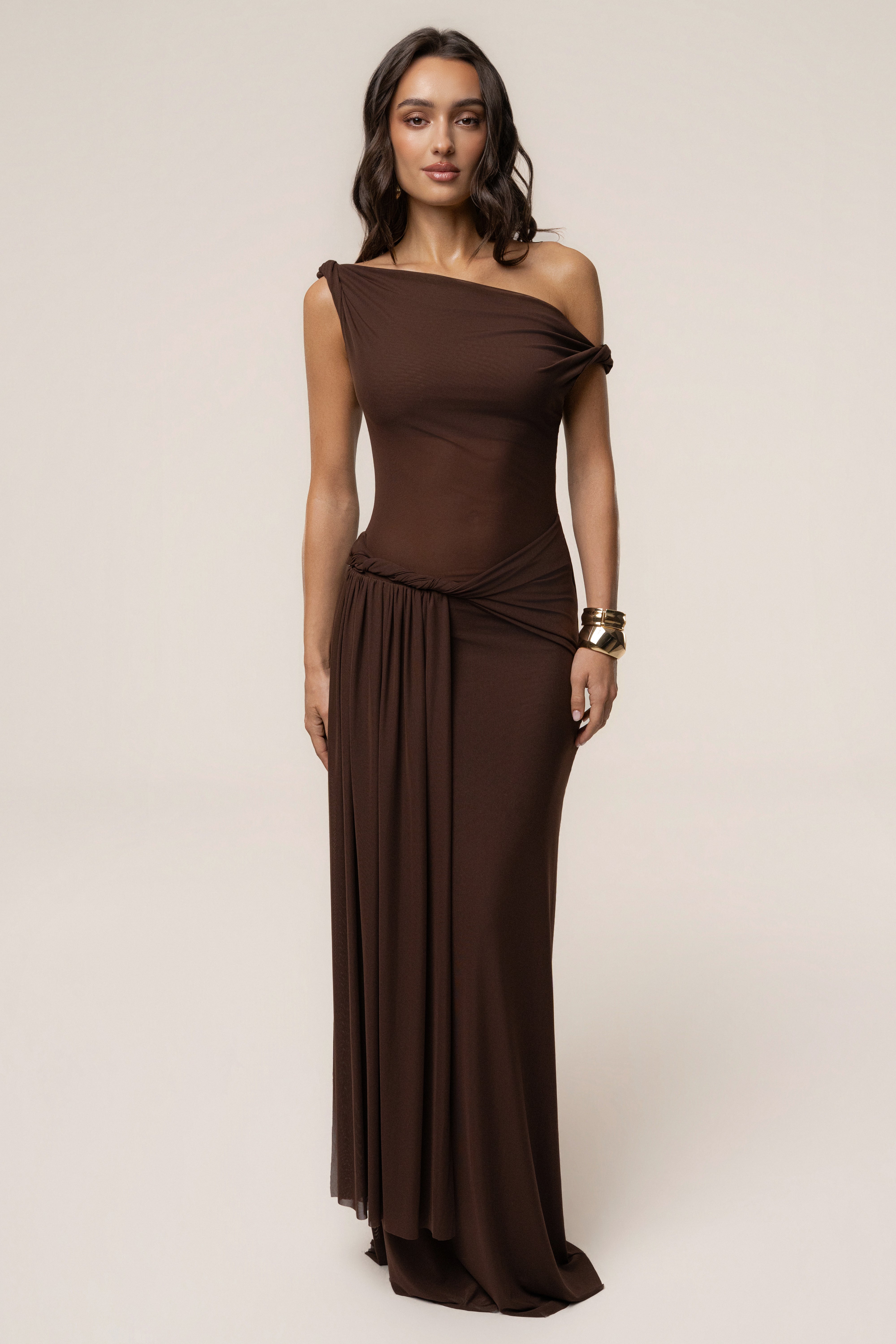 Brown Serenity Drape Gown - JLUXLABEL