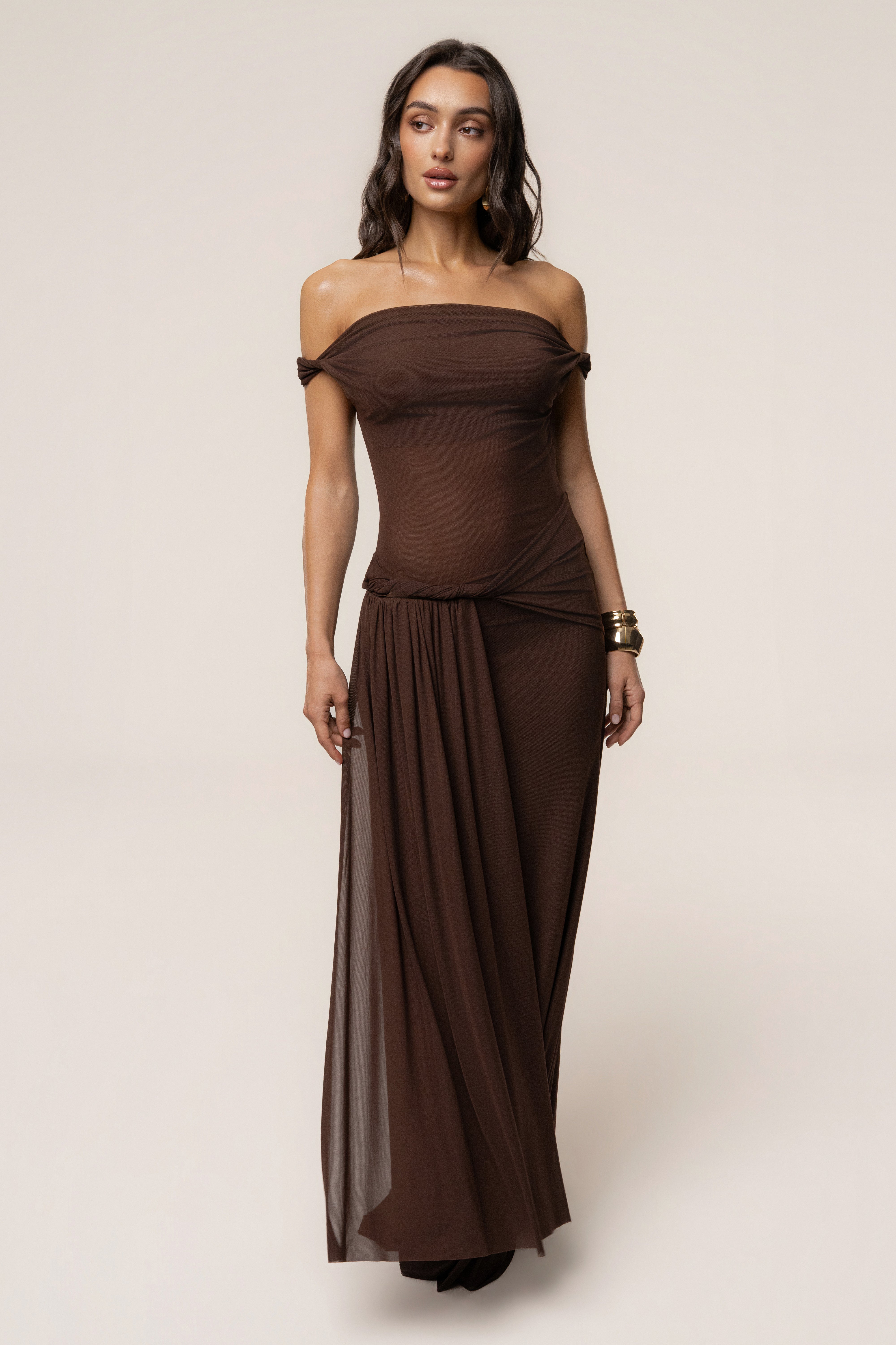 Brown Serenity Drape Gown - JLUXLABEL