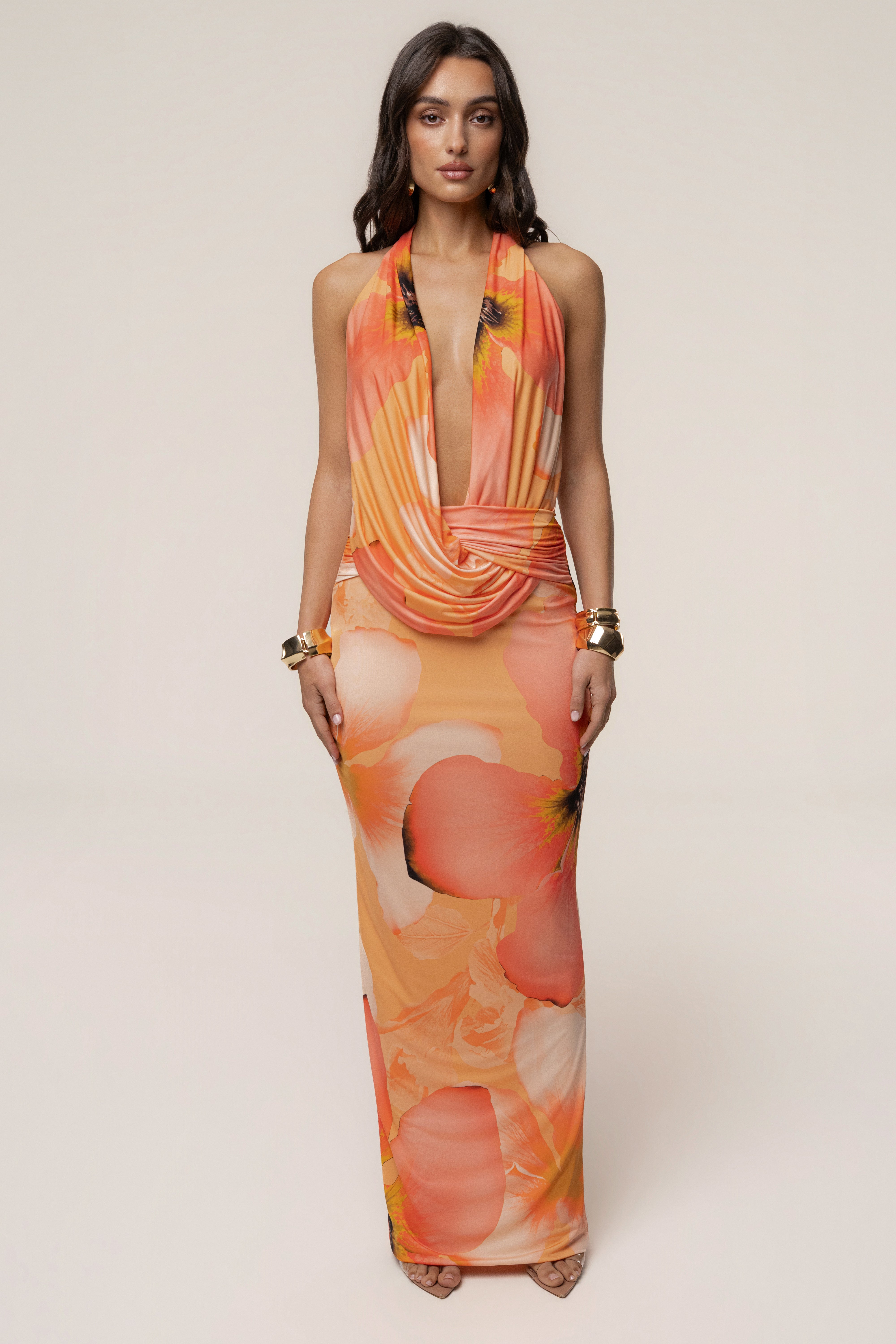 Orange Dawn Draped Maxi Dress - JLUXLABEL