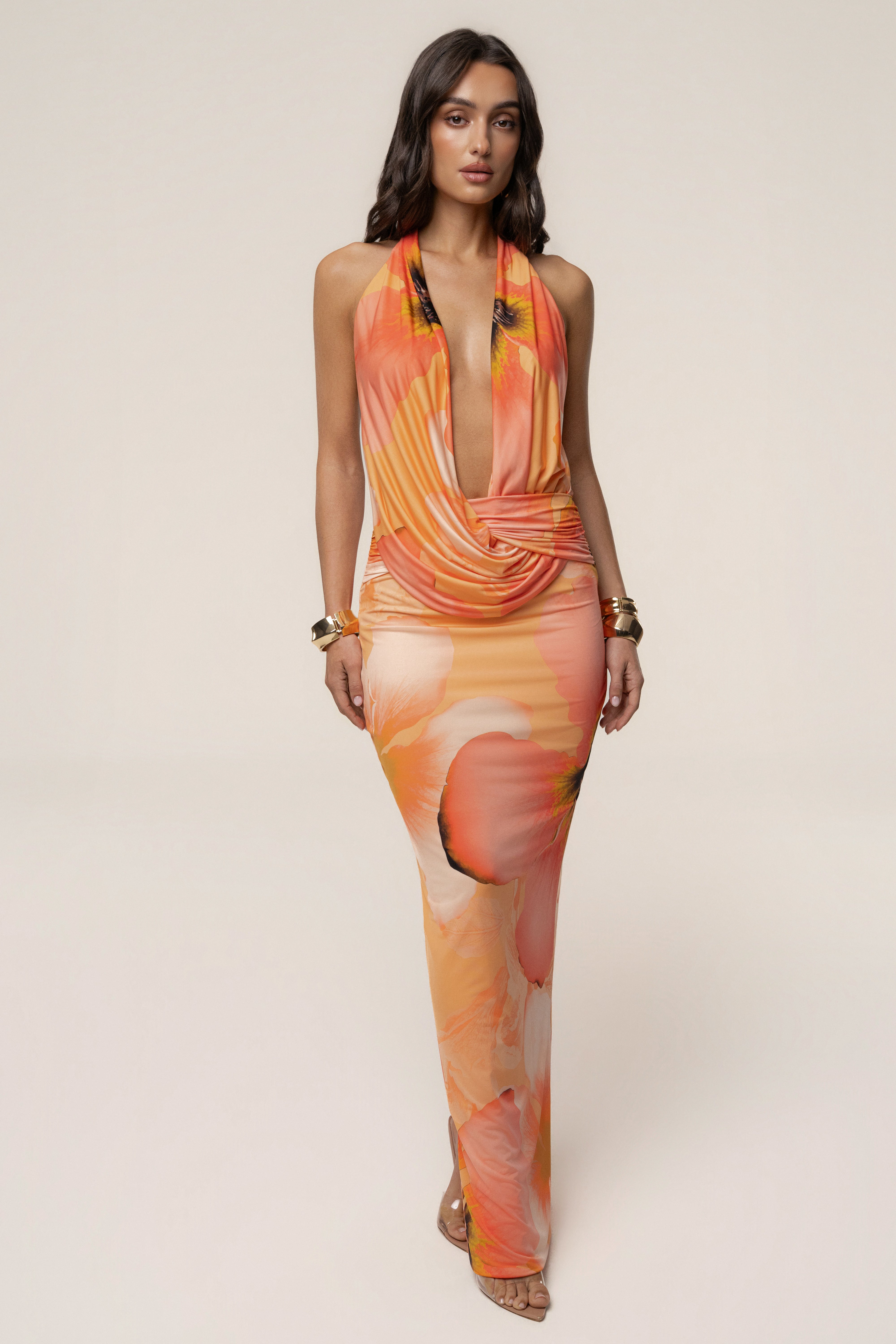 Orange Dawn Draped Maxi Dress - JLUXLABEL