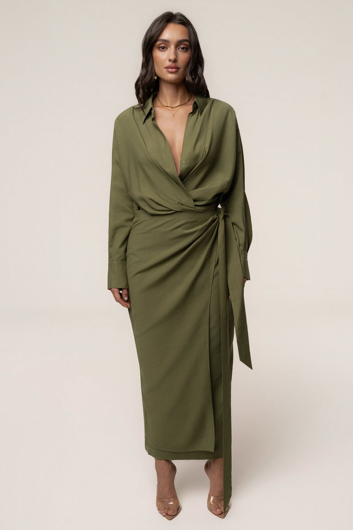 olive green dress women Jluxlabel Women's Skyline Wrap Midi Material:Poster no-returns:2026-03-26_2029-03-28 Do Not Bleach Maxi Dress Pink Sparkly