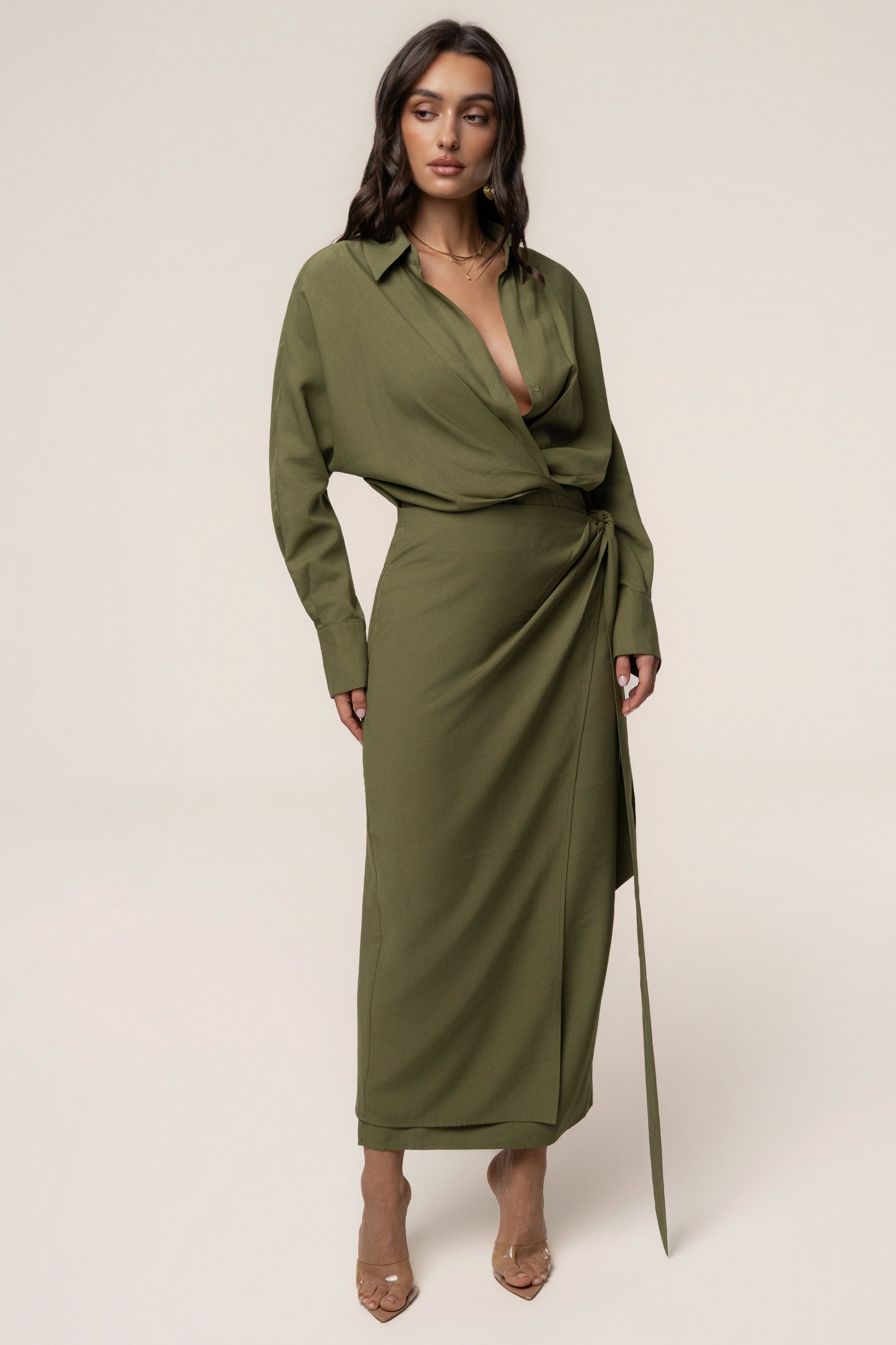 Olive Skyline Wrap Midi Dress - JLUXLABEL