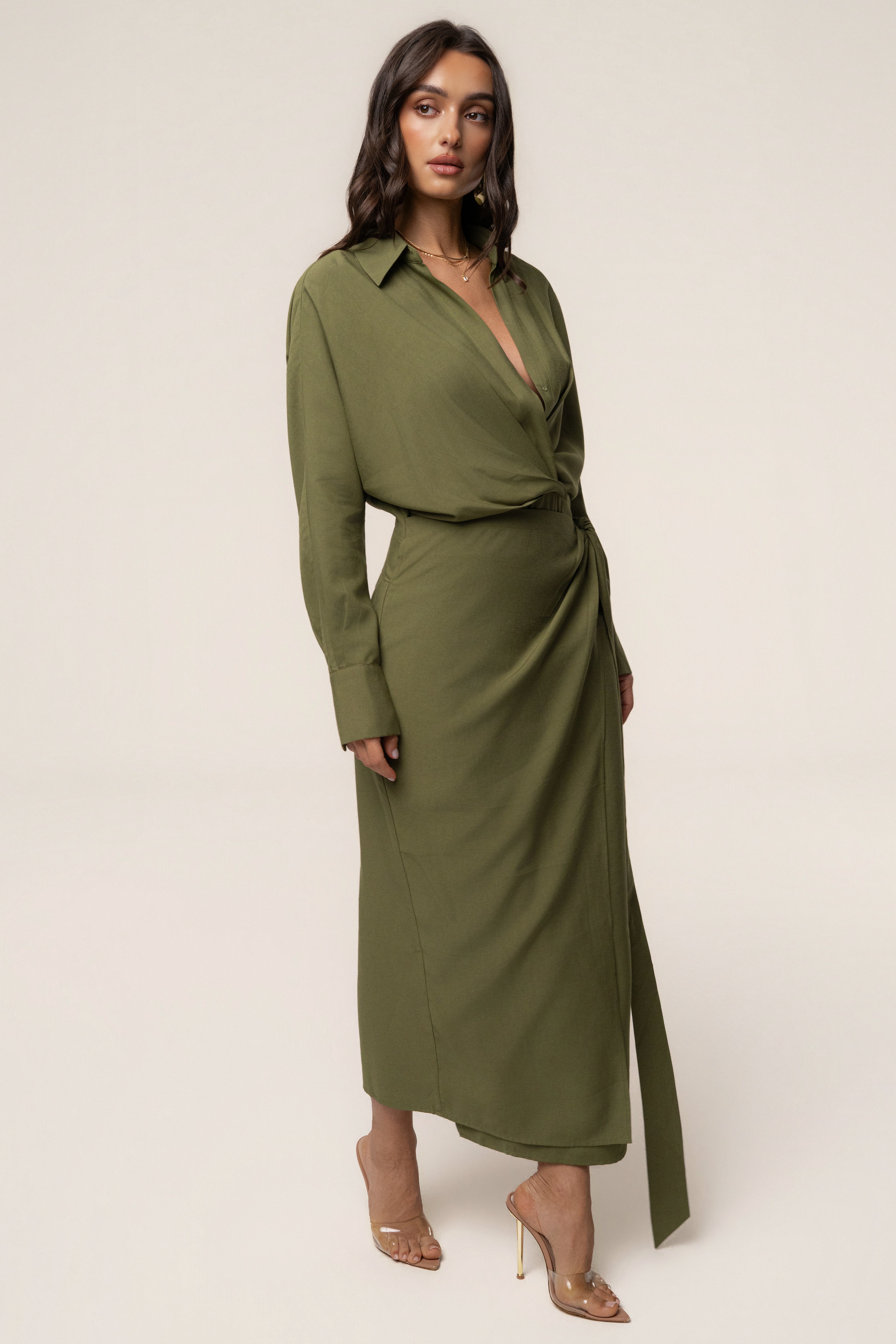 Olive Skyline Wrap Midi Dress - JLUXLABEL