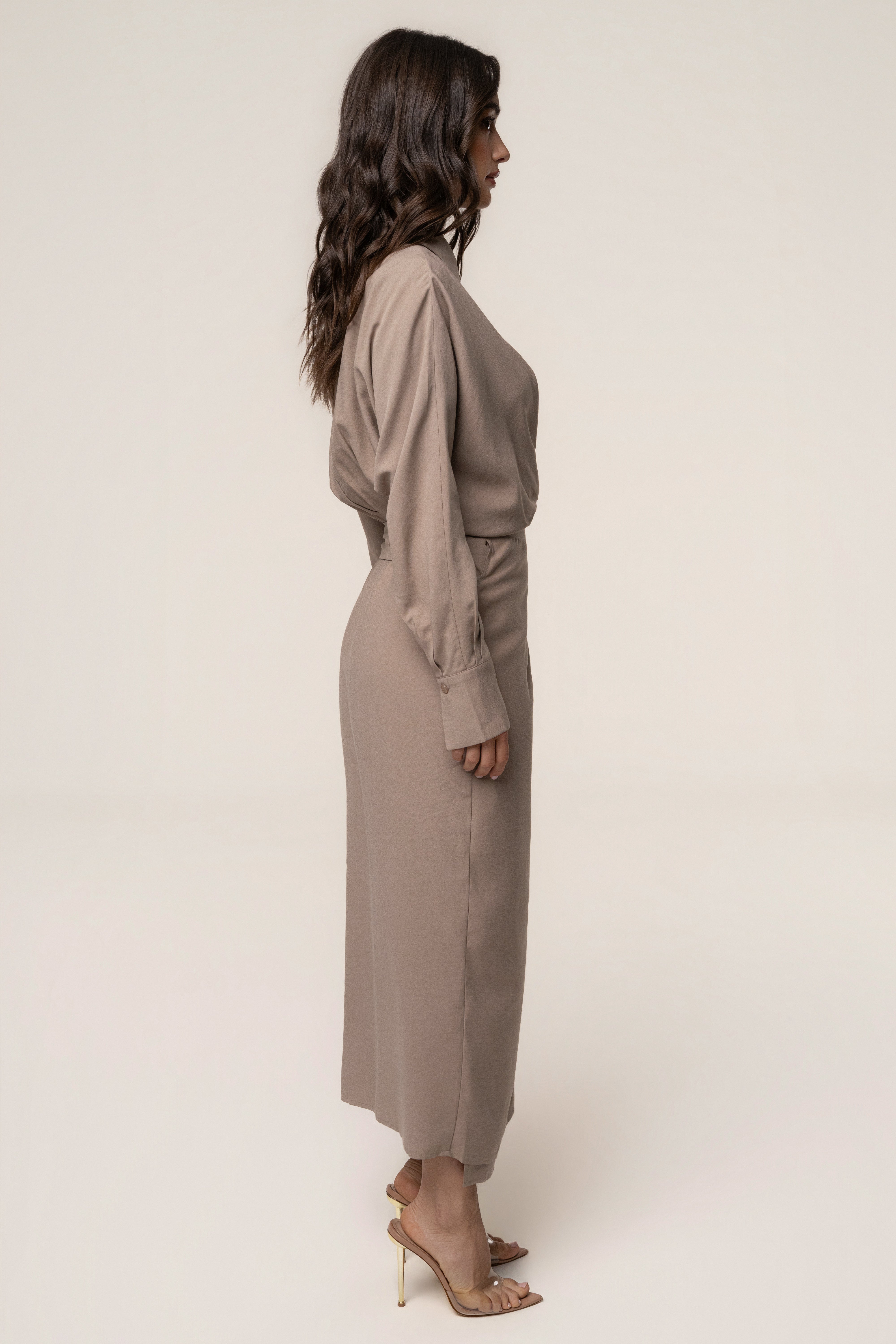 Beige Skyline Wrap Midi Dress - JLUXLABEL