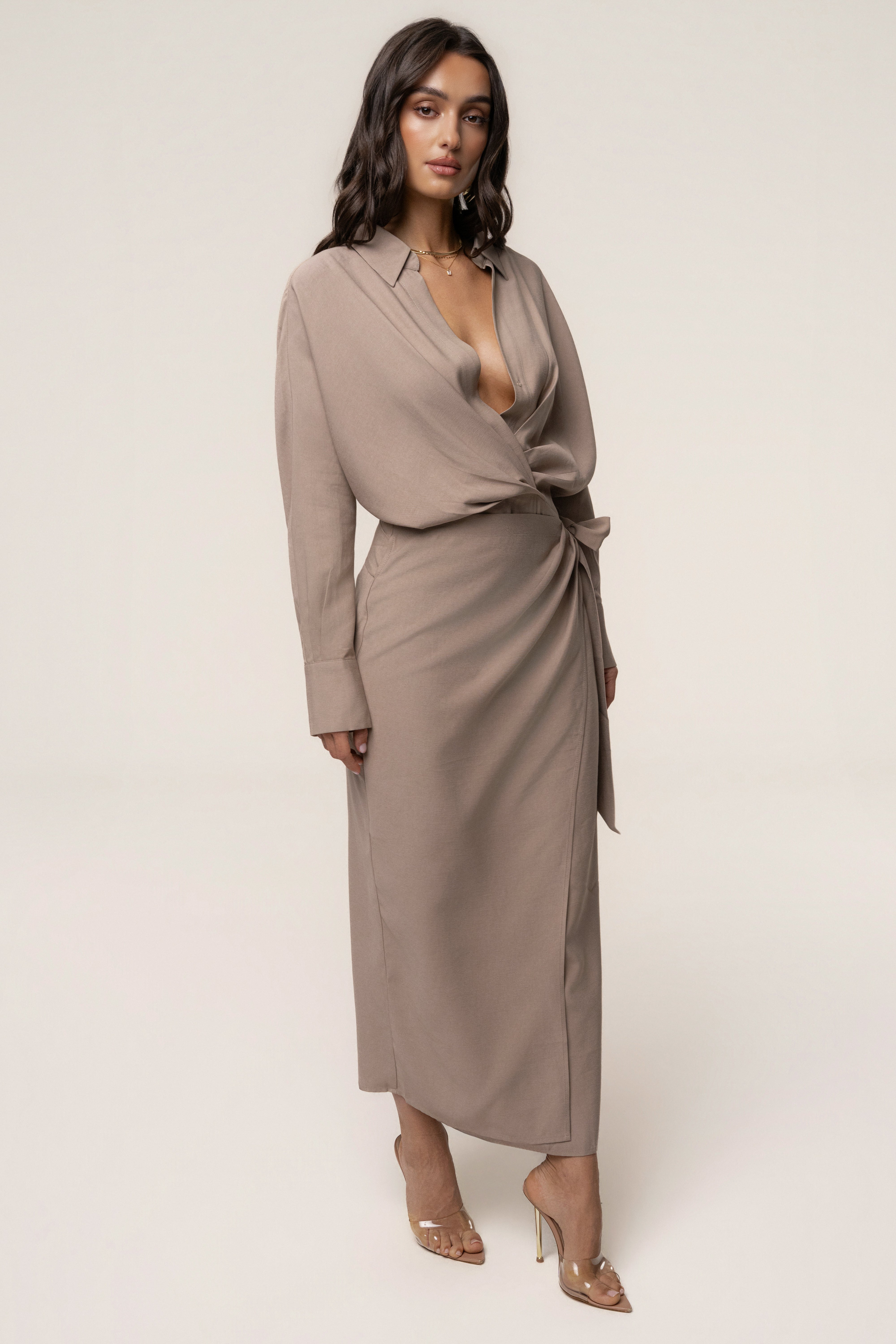 Beige Skyline Wrap Midi Dress - JLUXLABEL