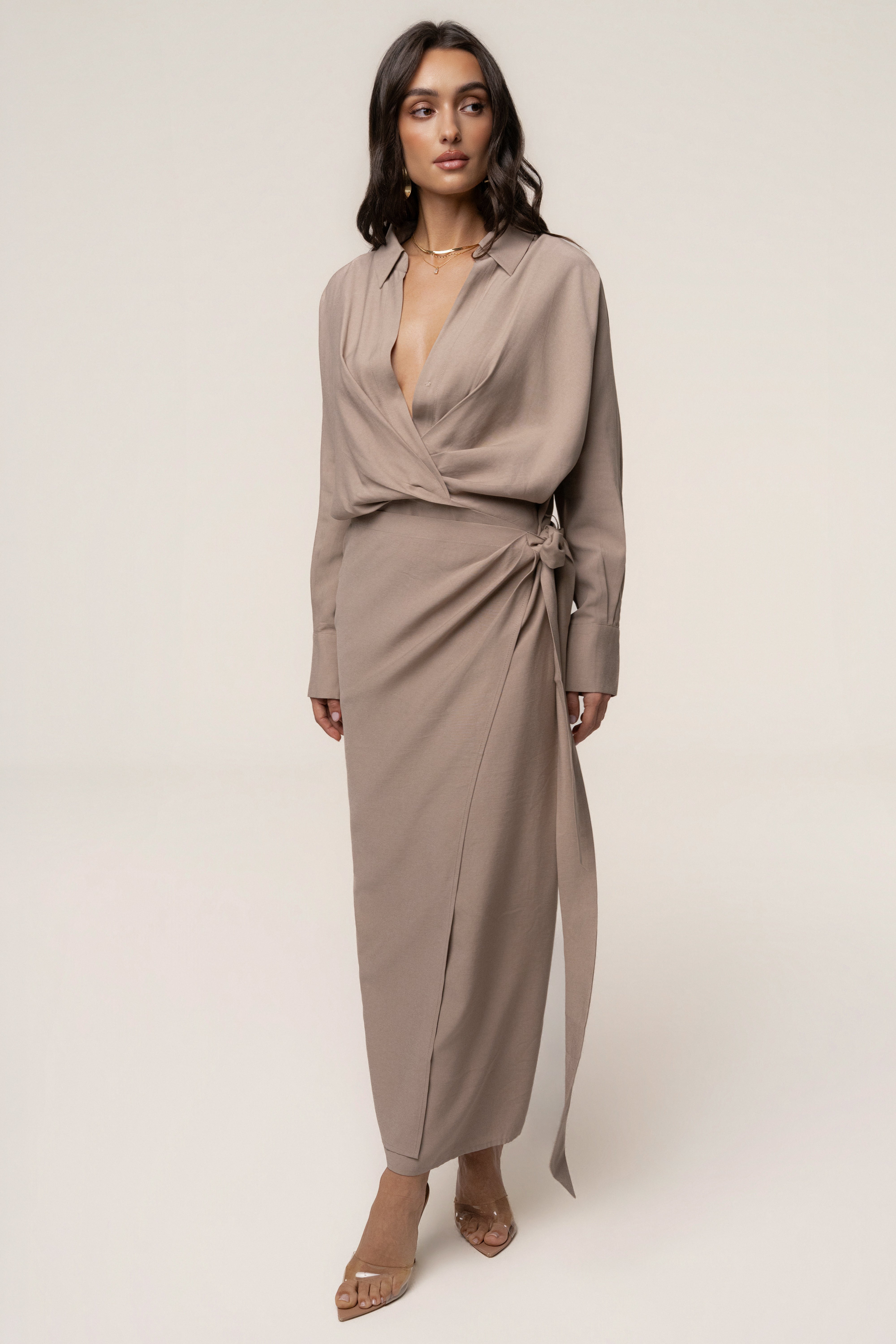Beige Skyline Wrap Midi Dress - JLUXLABEL