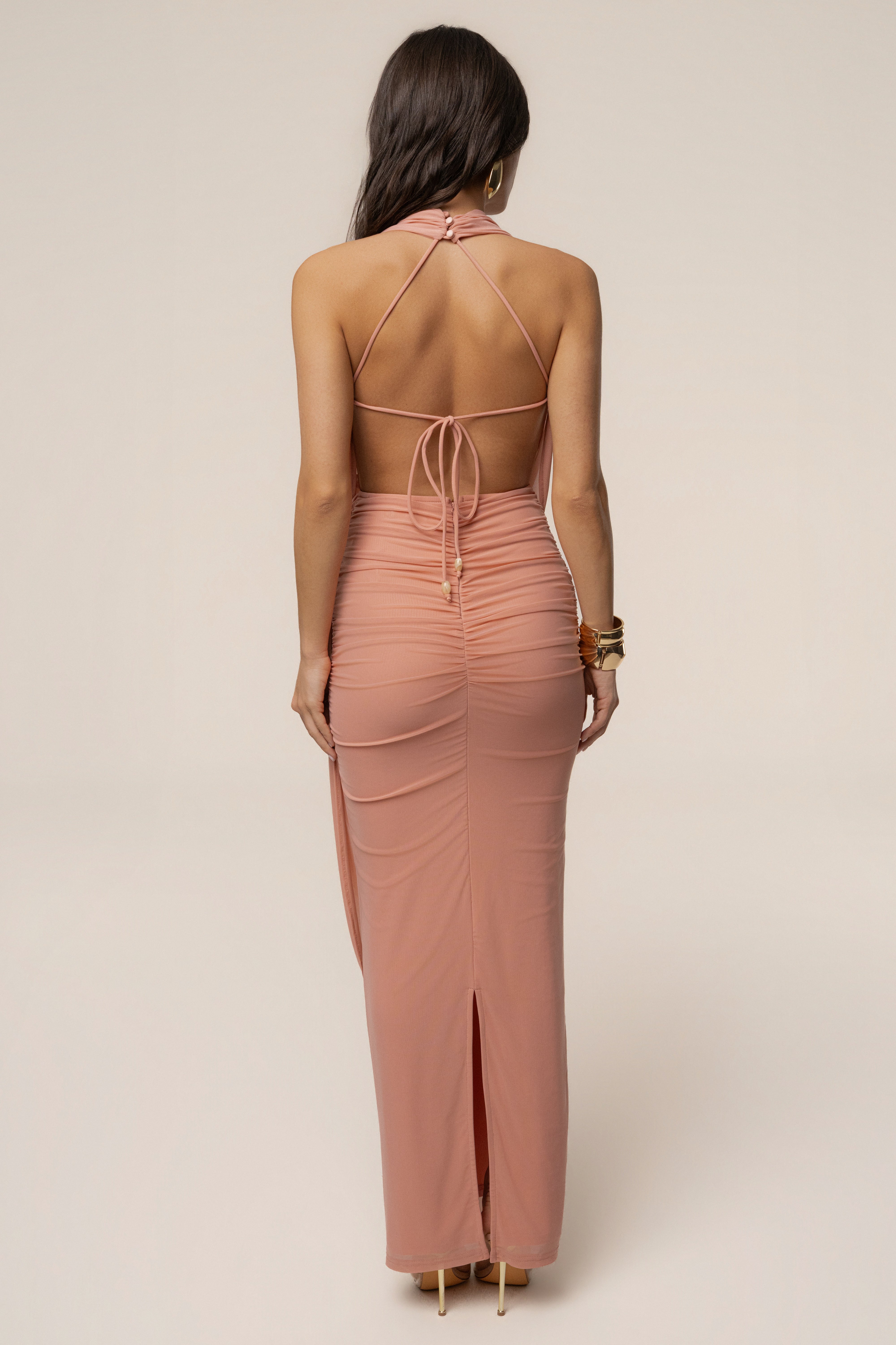 Peach Alaina Plunge Maxi Dress - JLUXLABEL