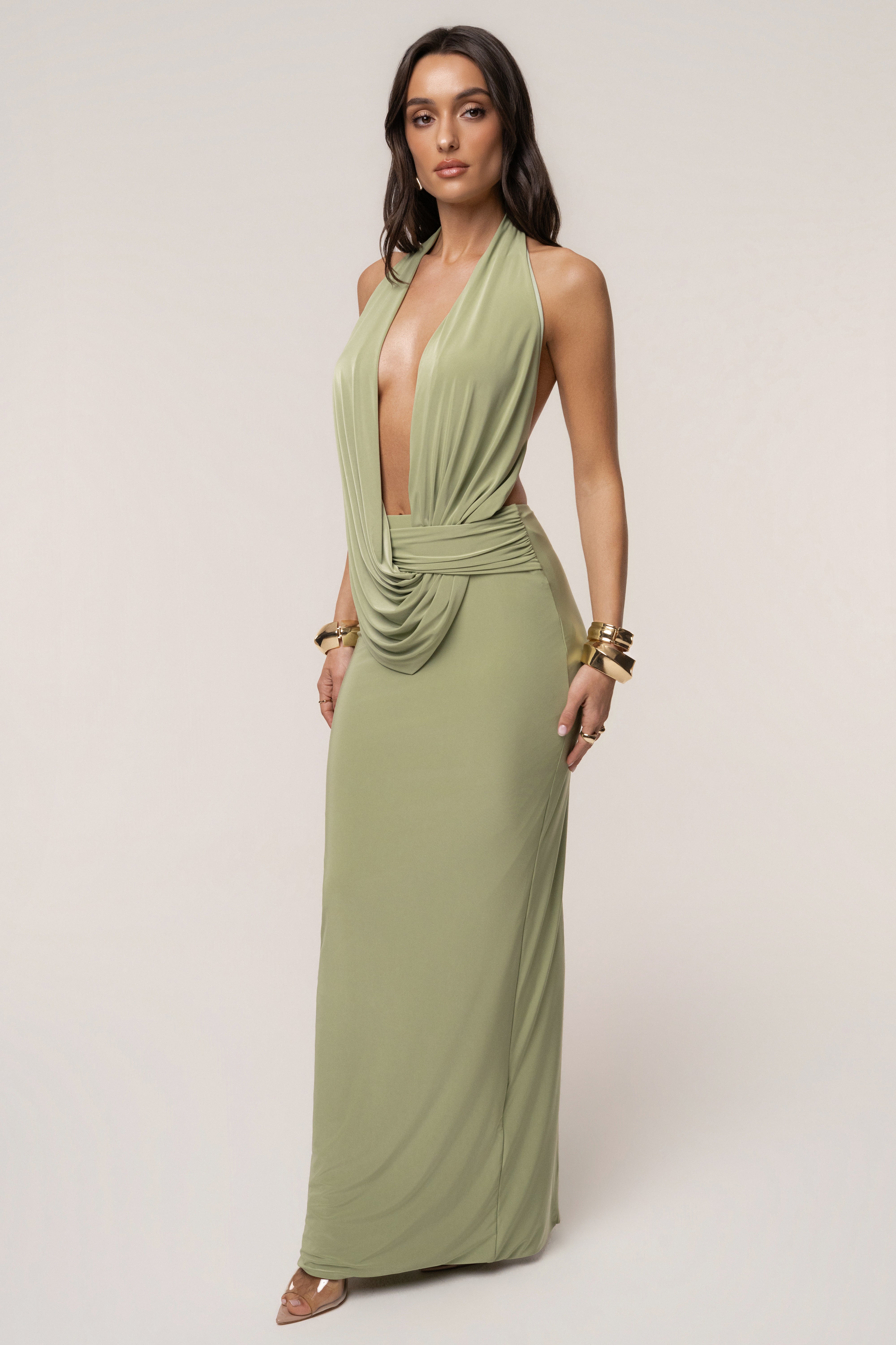 Sage Dawn Draped Maxi Dress - JLUXLABEL