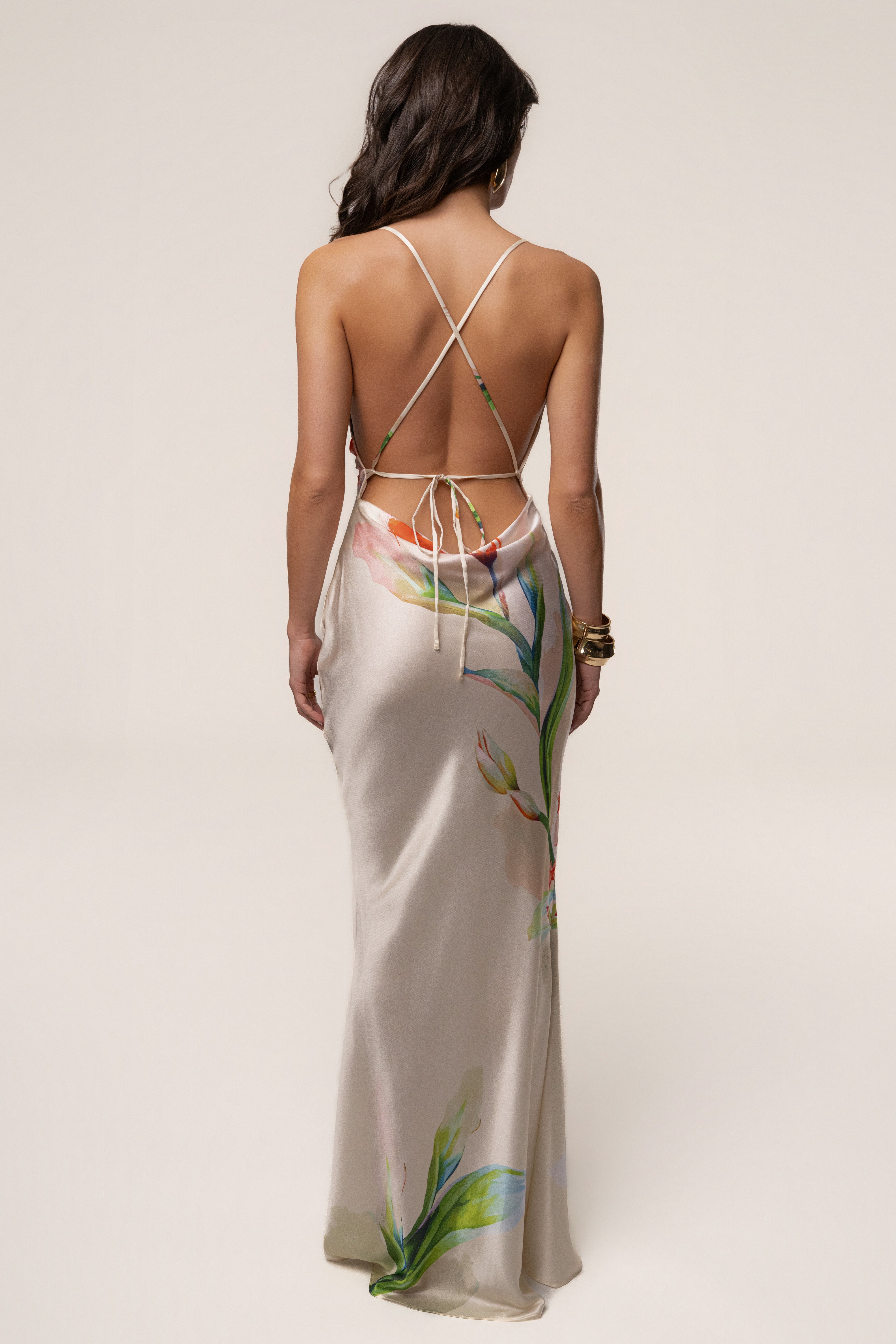 Ivory Satin Floral Print Maxi Dress - JLUXLABEL
