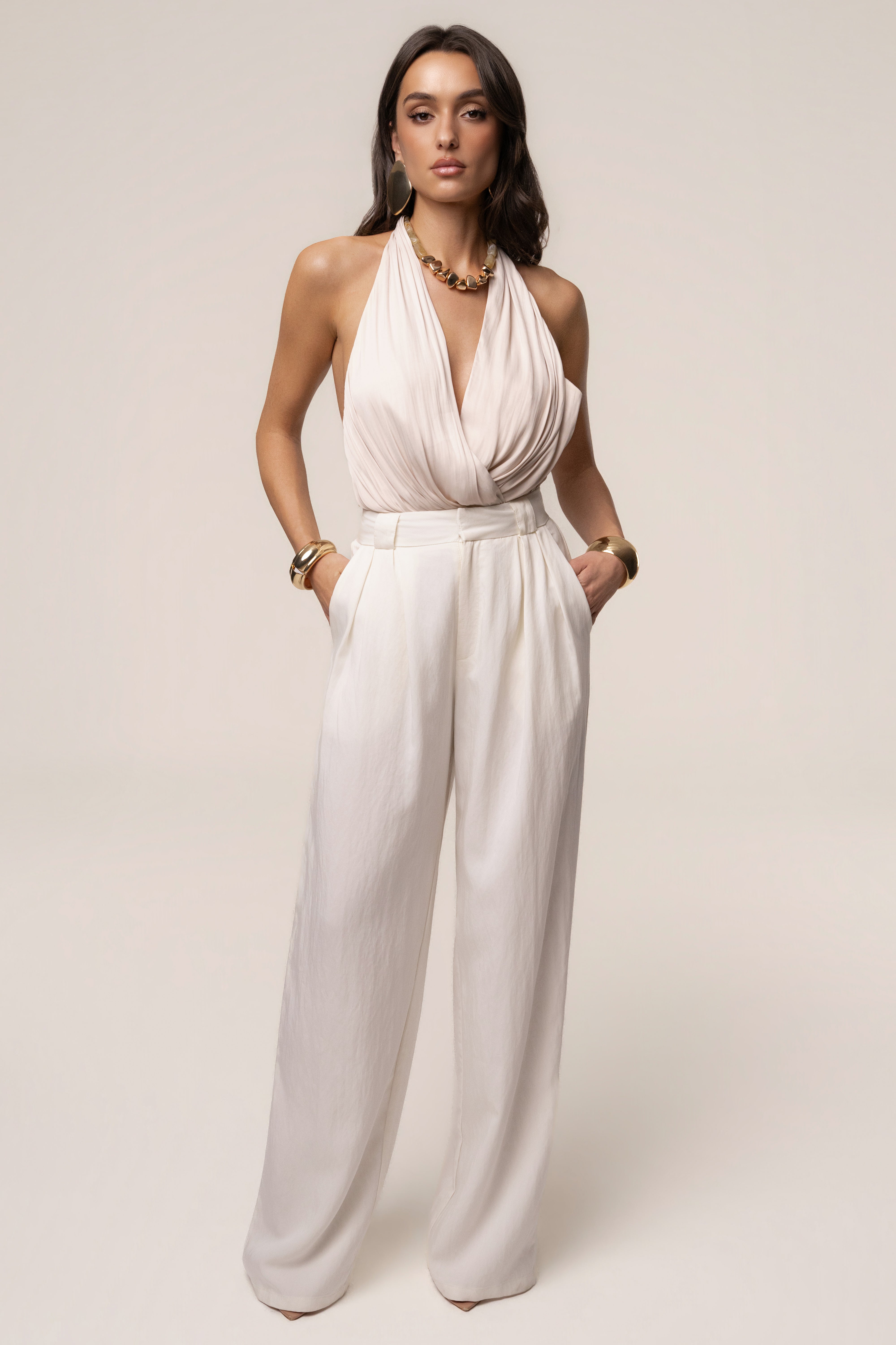 Beige Villa Draped Halter Top - JLUXLABEL