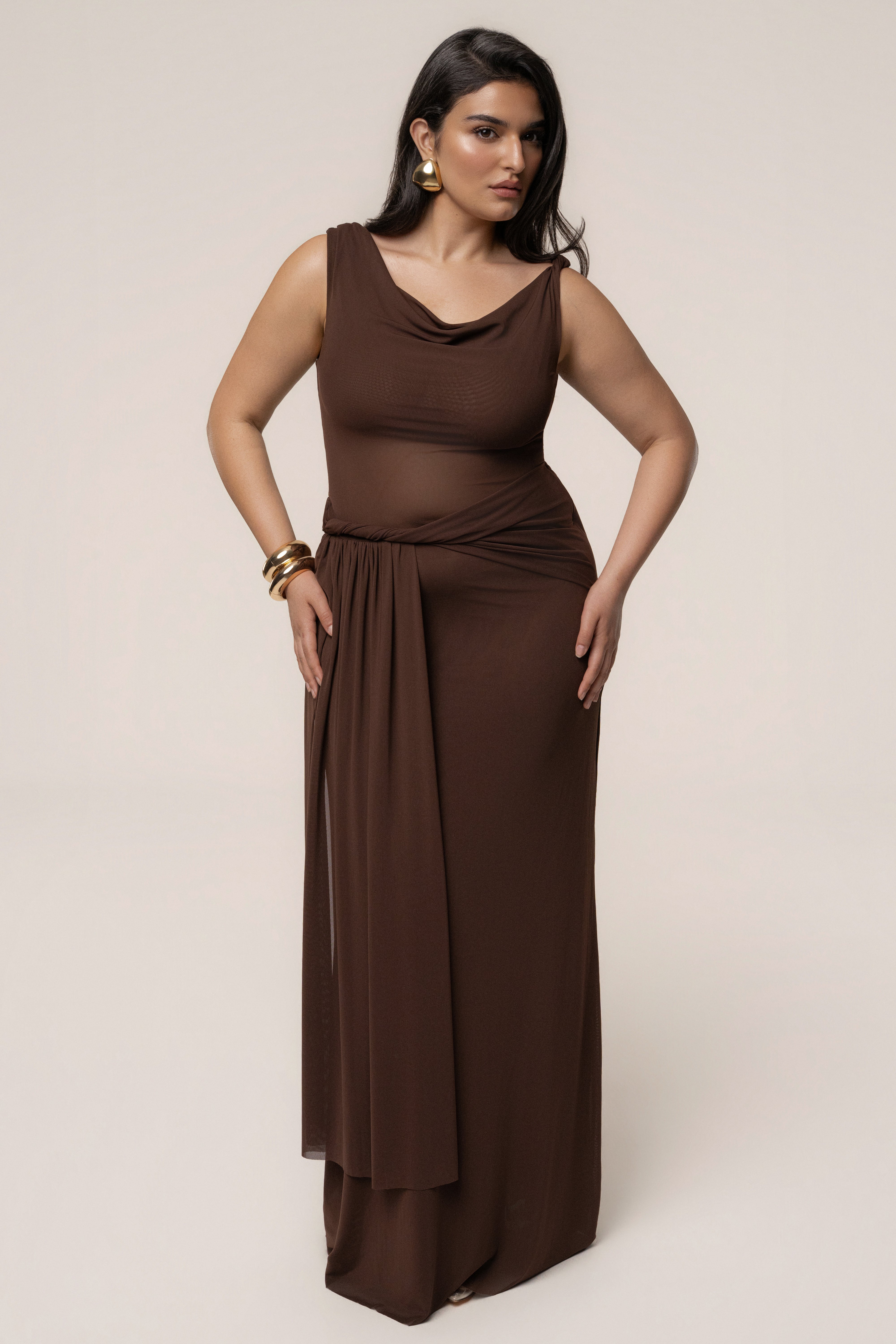 Brown Serenity Drape Gown - JLUXLABEL