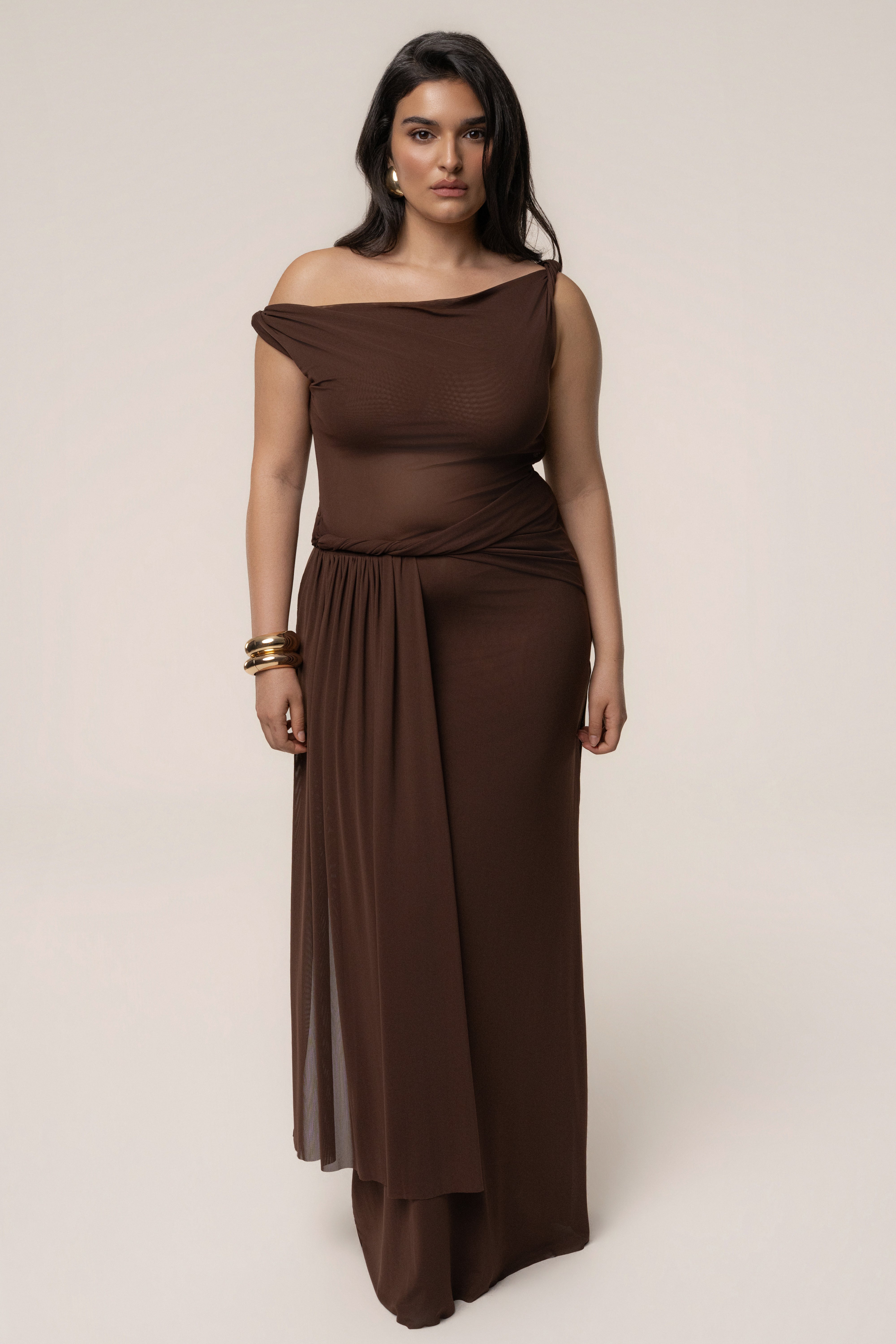 Brown Serenity Drape Gown - JLUXLABEL