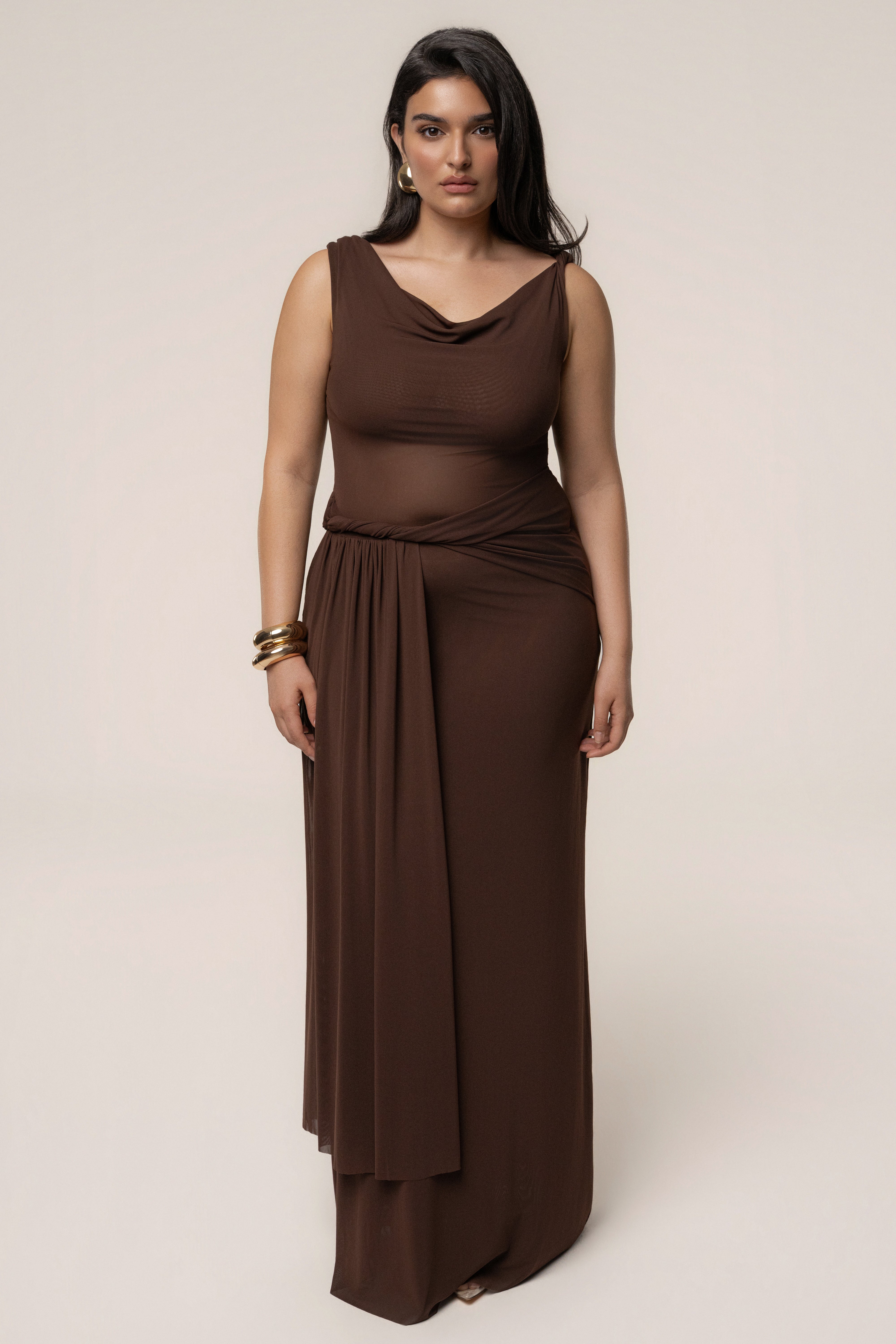 Brown Serenity Drape Gown - JLUXLABEL
