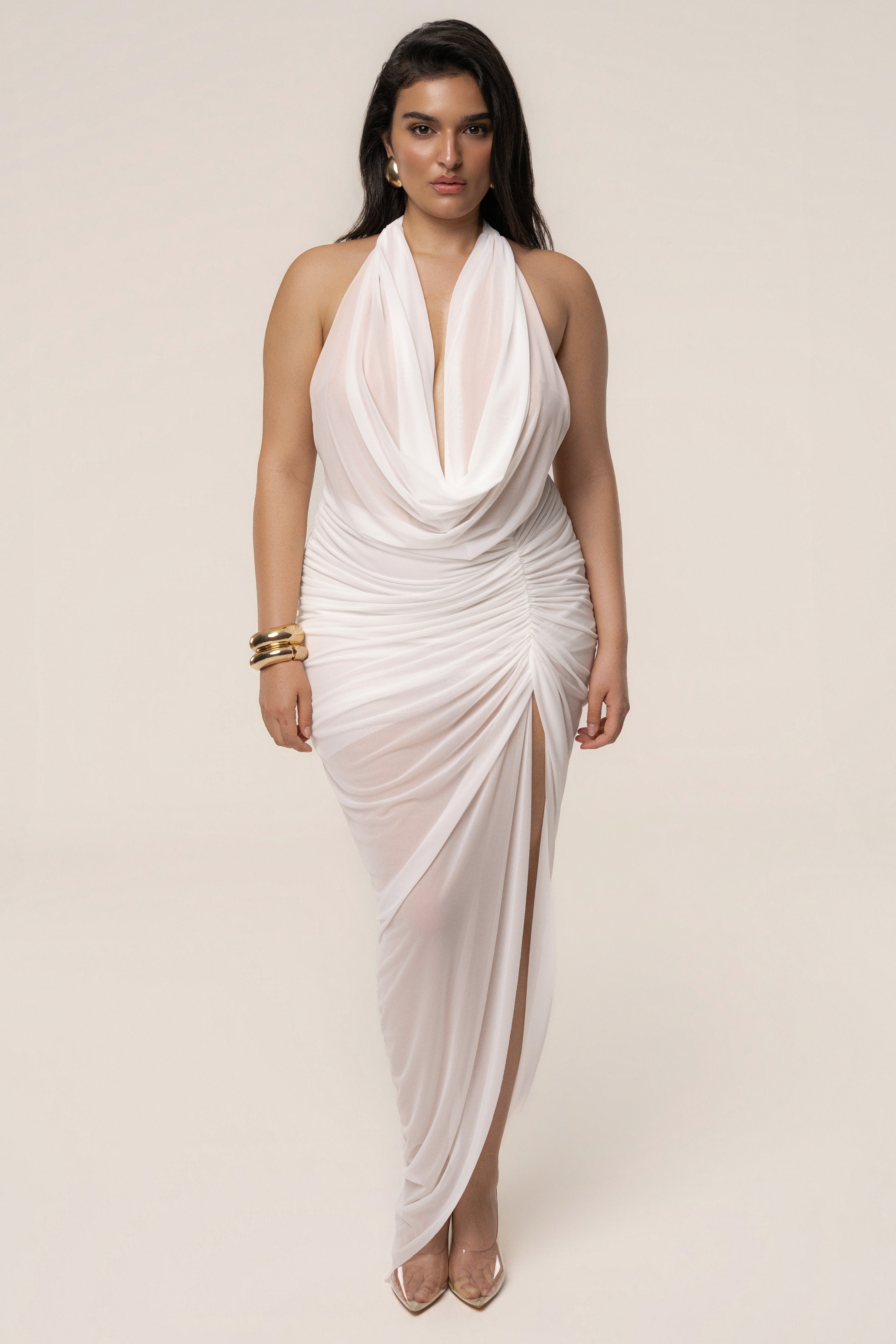 White Ariana Plunge Halter Dress - JLUXLABEL