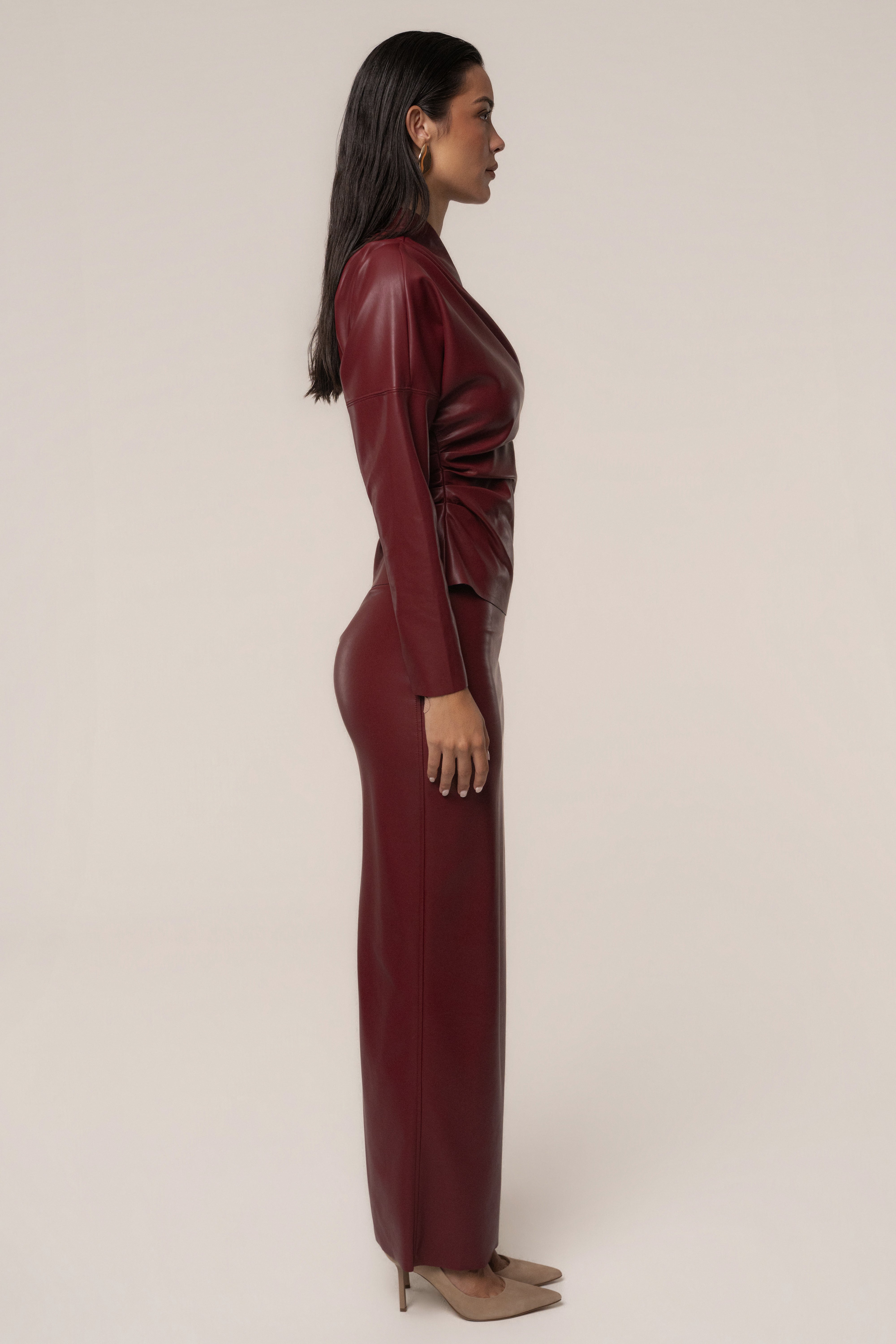 Burgundy Demi PU Leather One Shoulder Top - JLUXLABEL