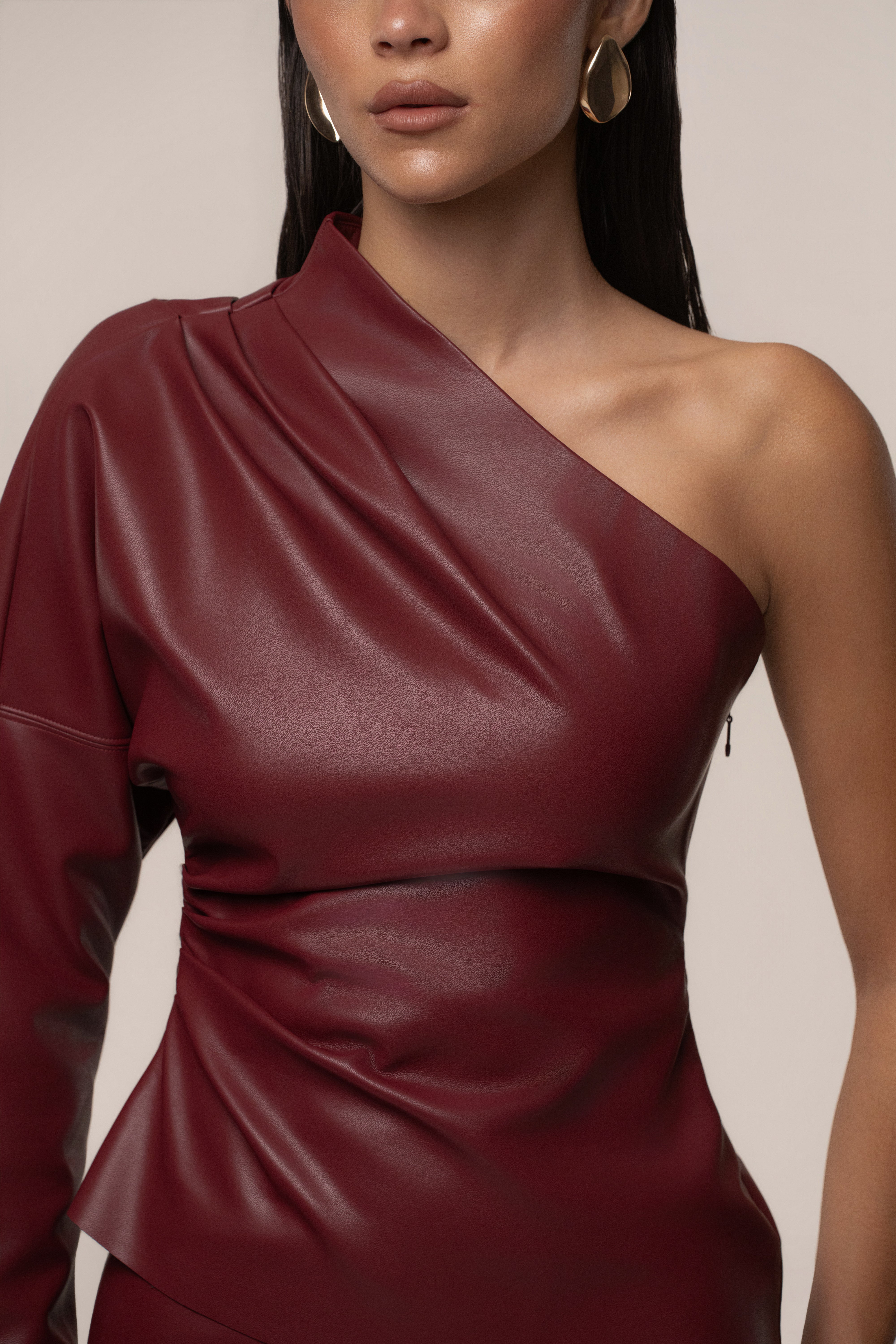 Burgundy Demi PU Leather One Shoulder Top - JLUXLABEL