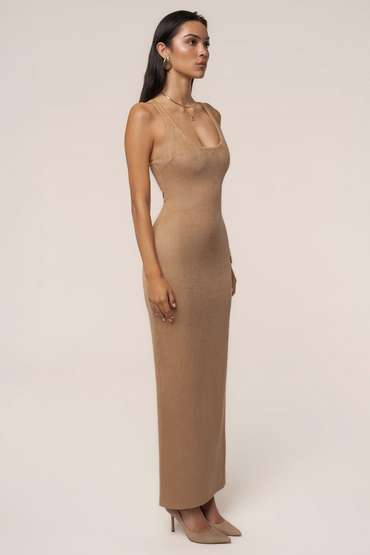 Taupe Sculpt Suede Maxi Dress - JLUXLABEL