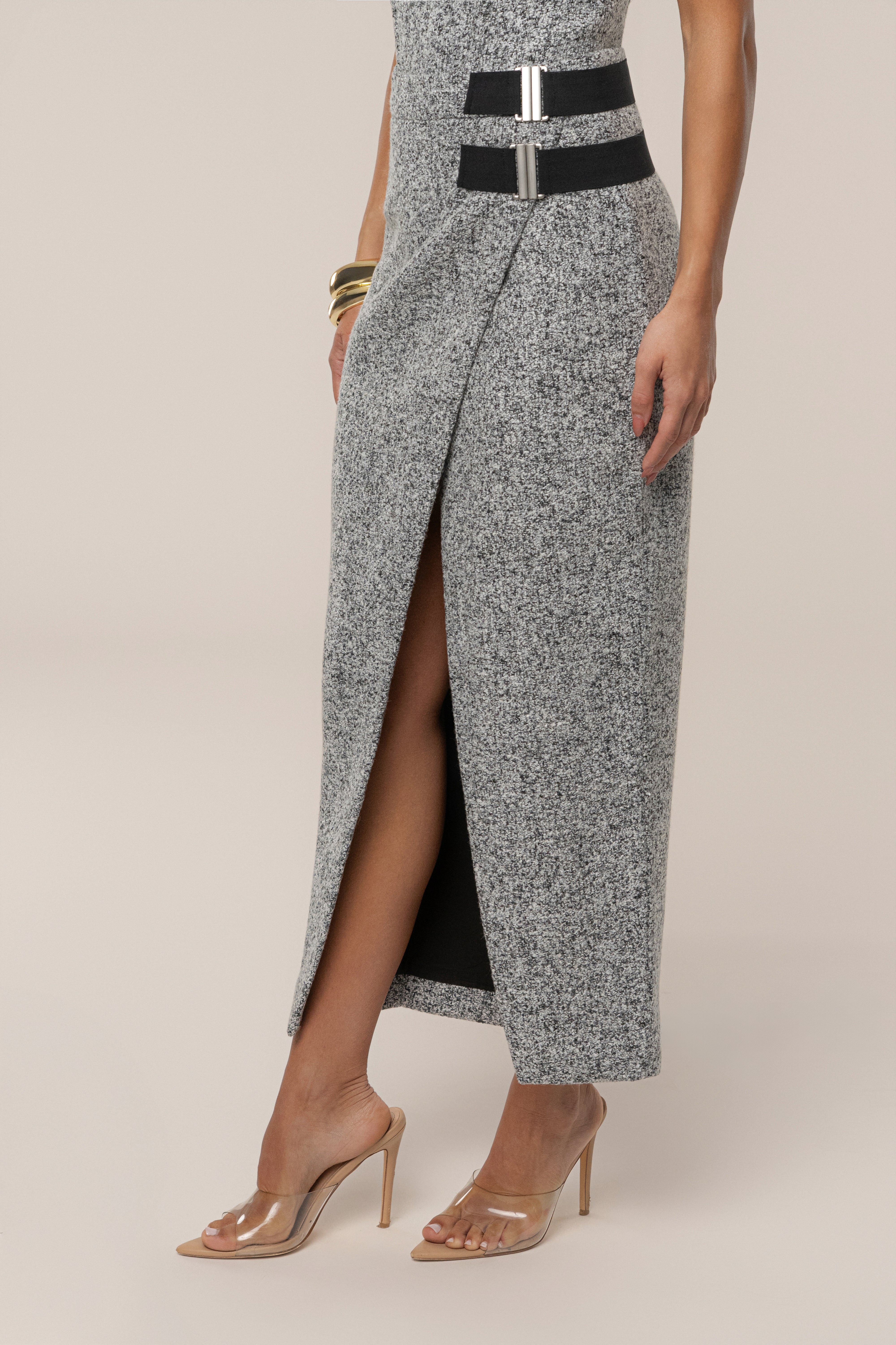 Lt. Grey Gisele Tweed Slit Skirt - JLUXLABEL