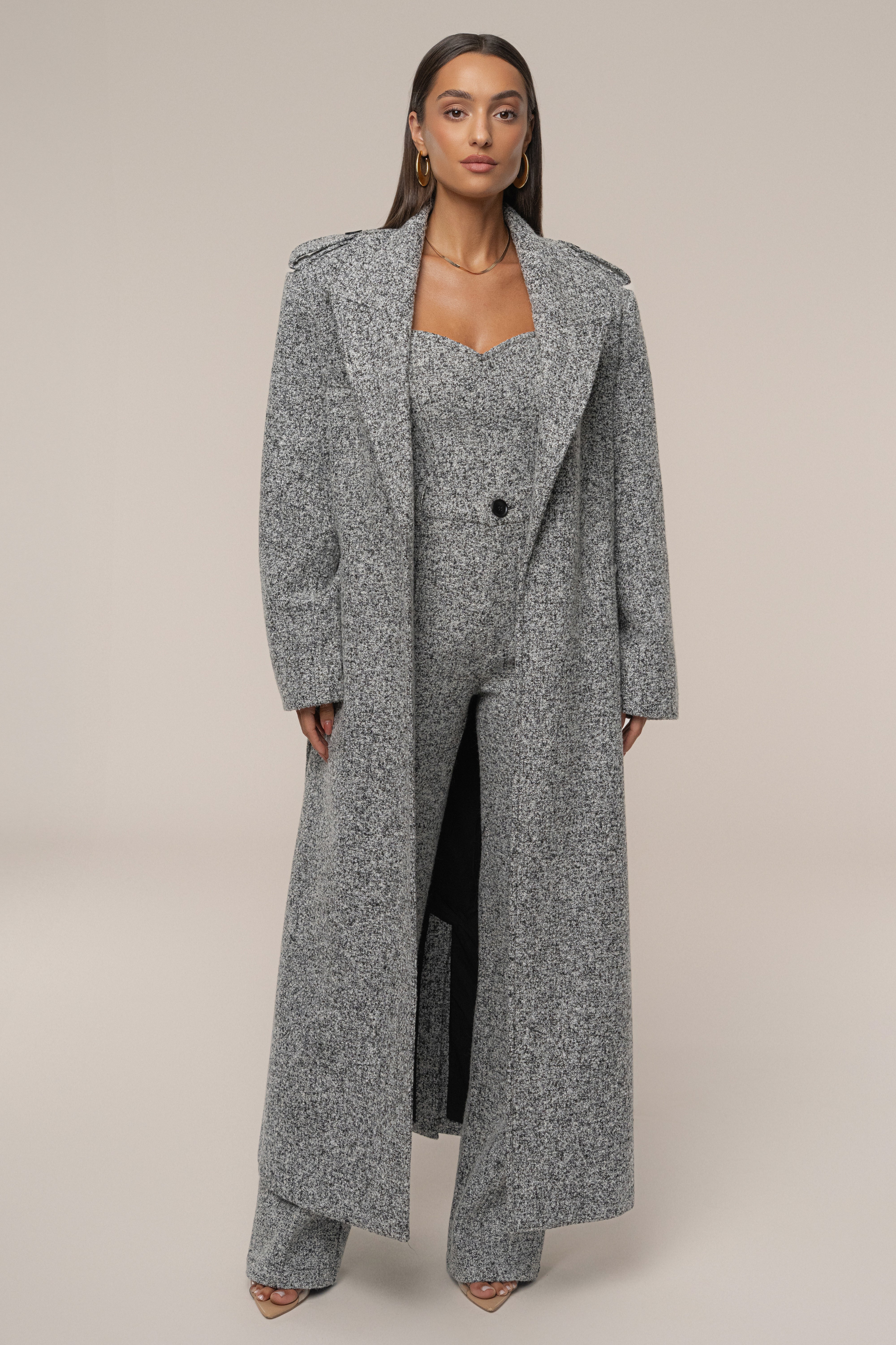 Lt. Grey Savannah Belted Tweed Coat - JLUXLABEL
