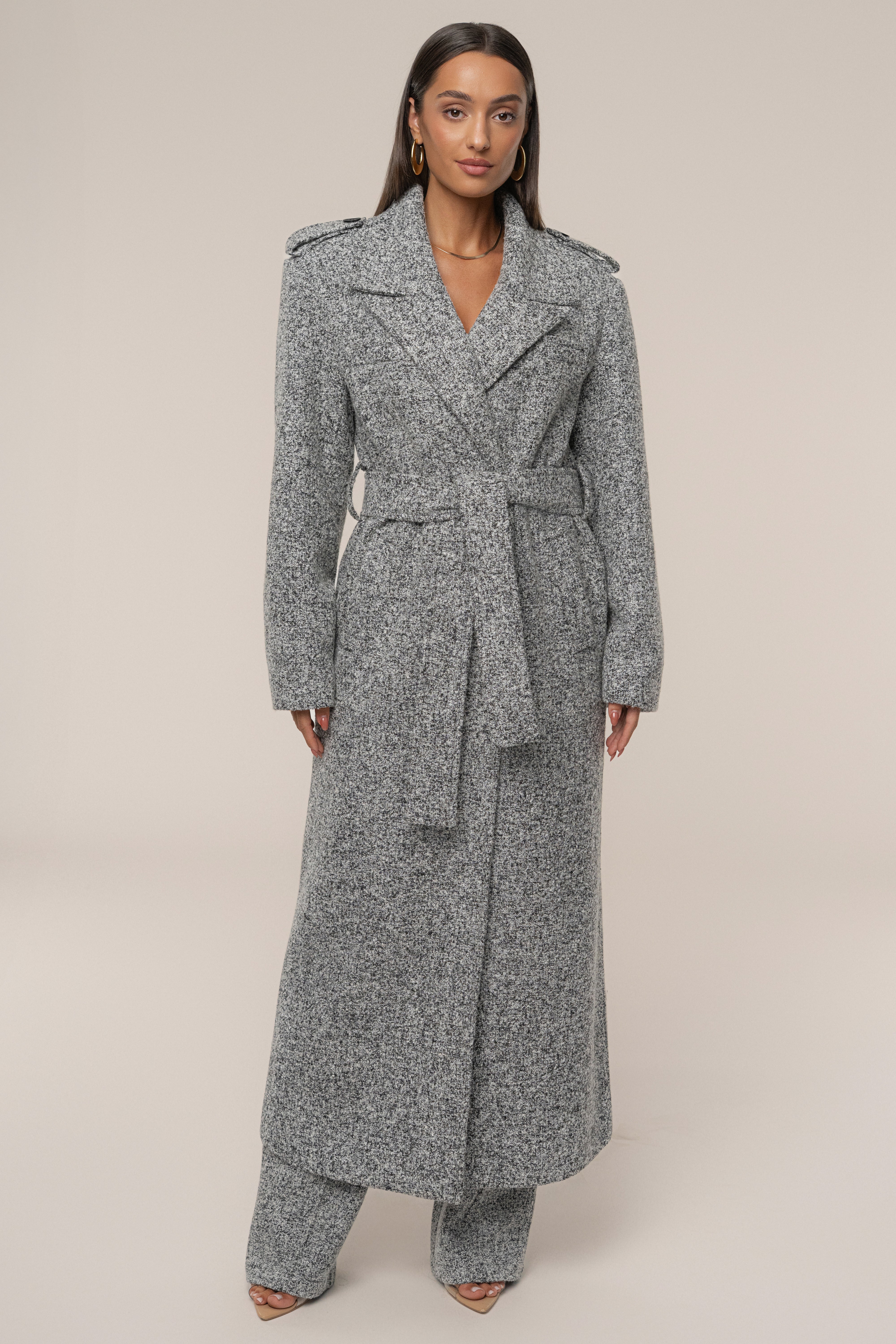 Lt. Grey Savannah Belted Tweed Coat - JLUXLABEL