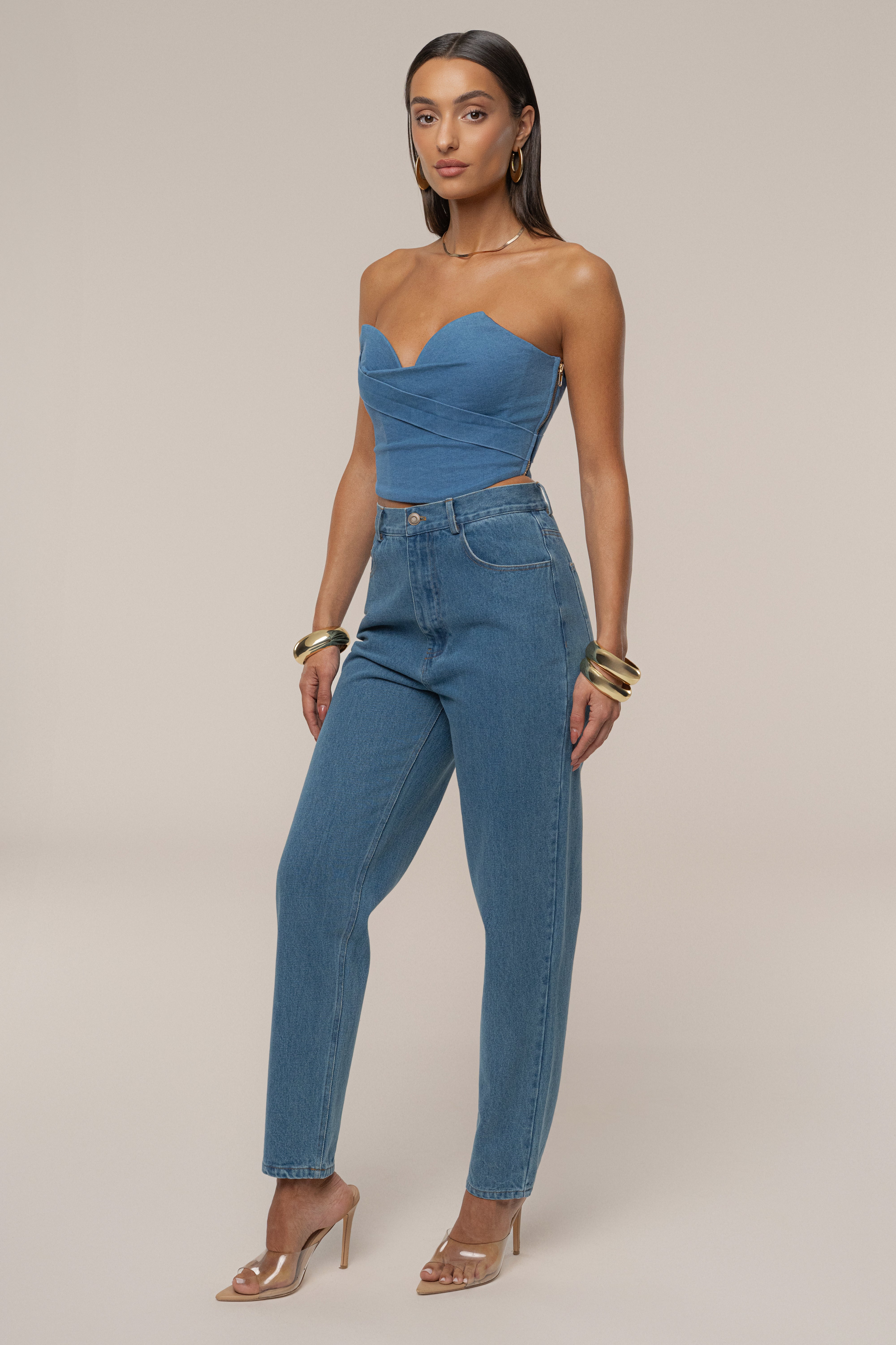 Medium Wash Teyana Denim Bustier - JLUXLABEL