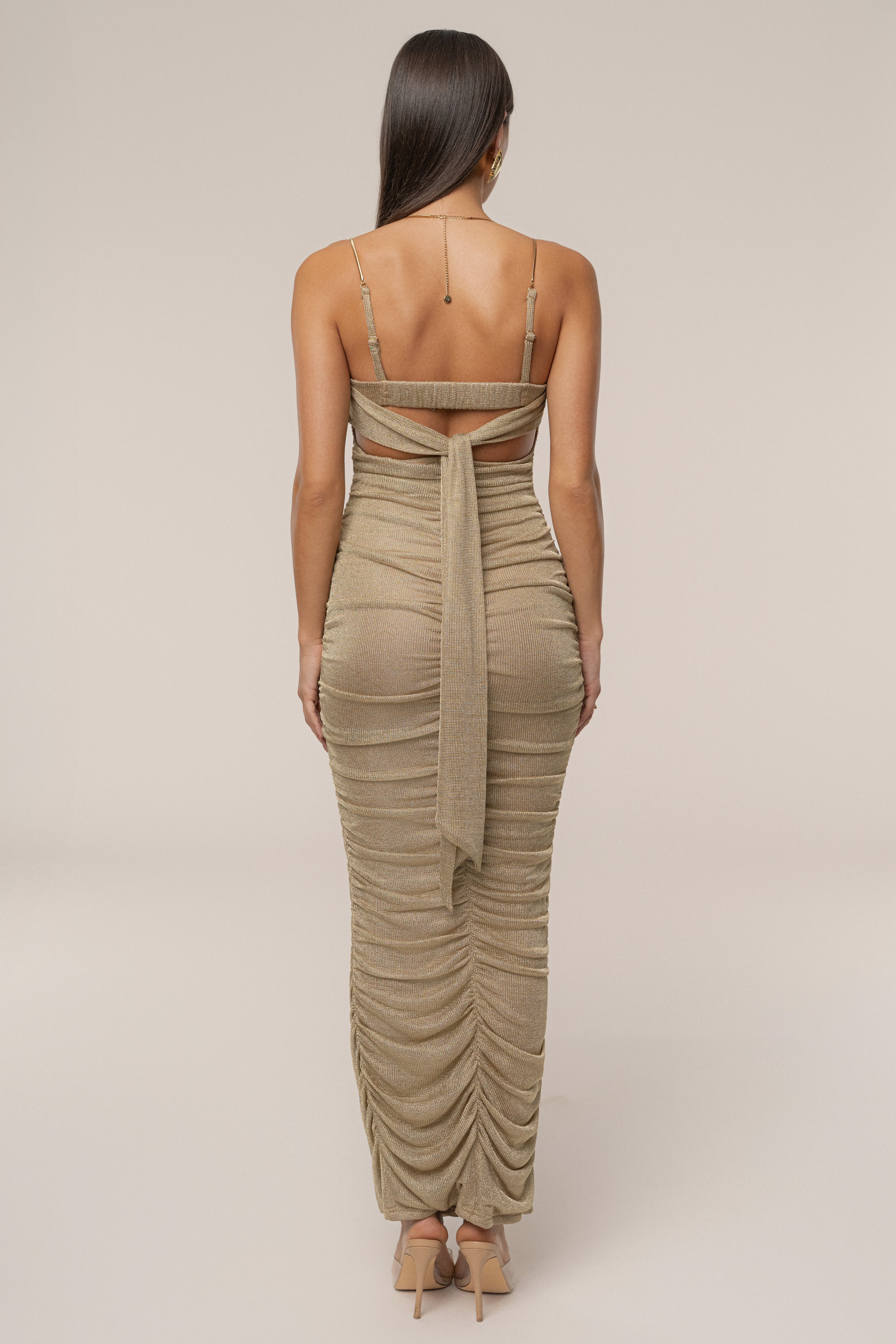 Gold Ruched Metallic Maxi Dress - JLUXLABEL