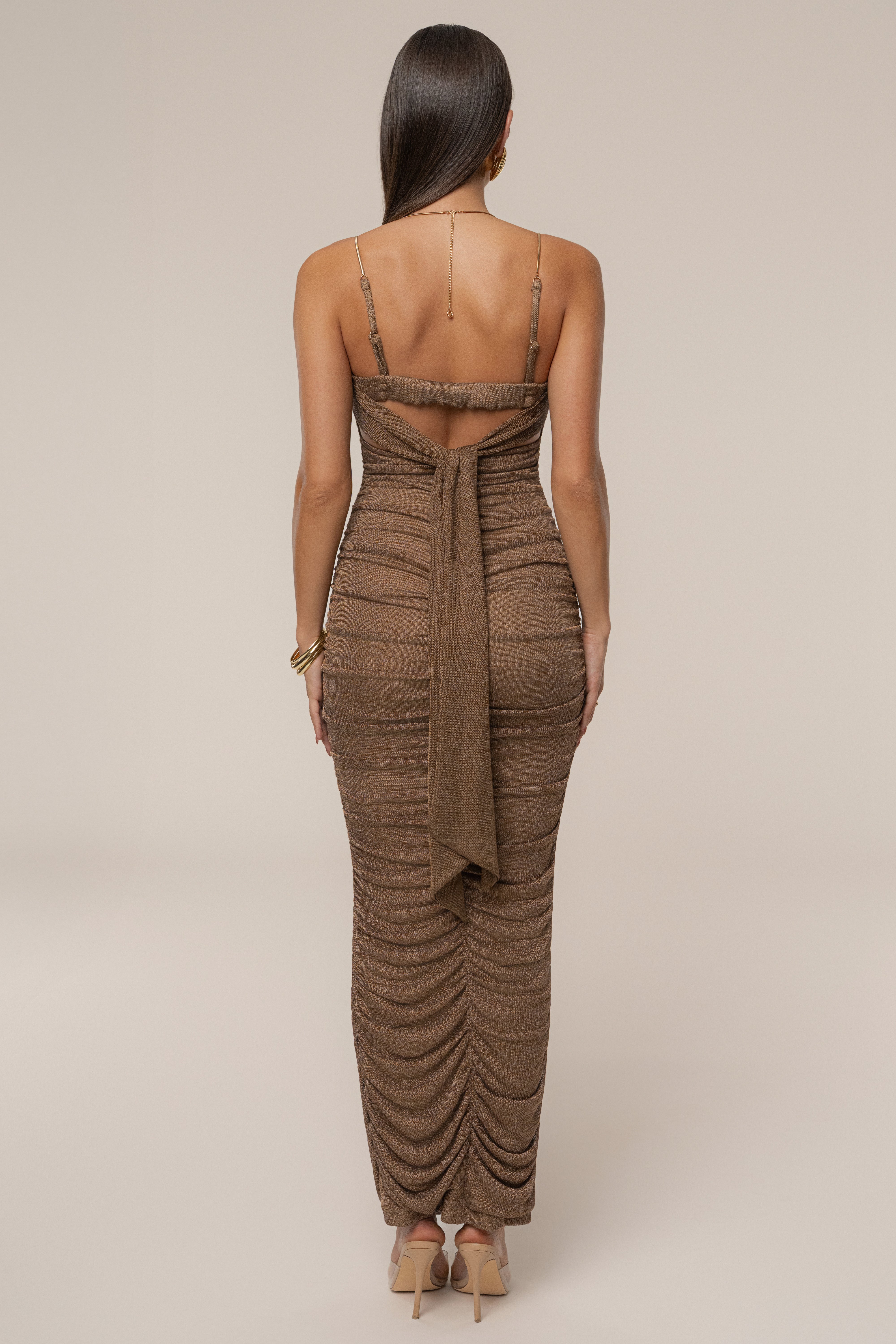 Bronze Ruched Metallic Maxi Dress - JLUXLABEL