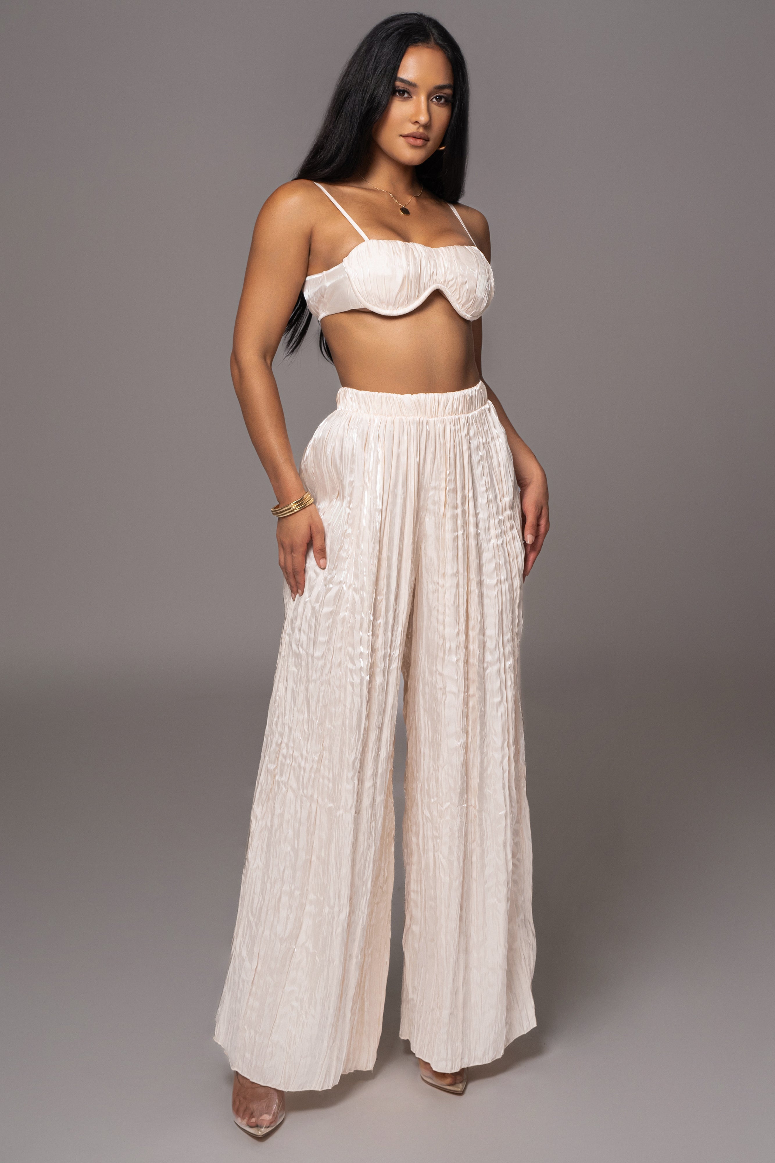 Cream Let's Get Away Satin Pant Set - JLUXLABEL