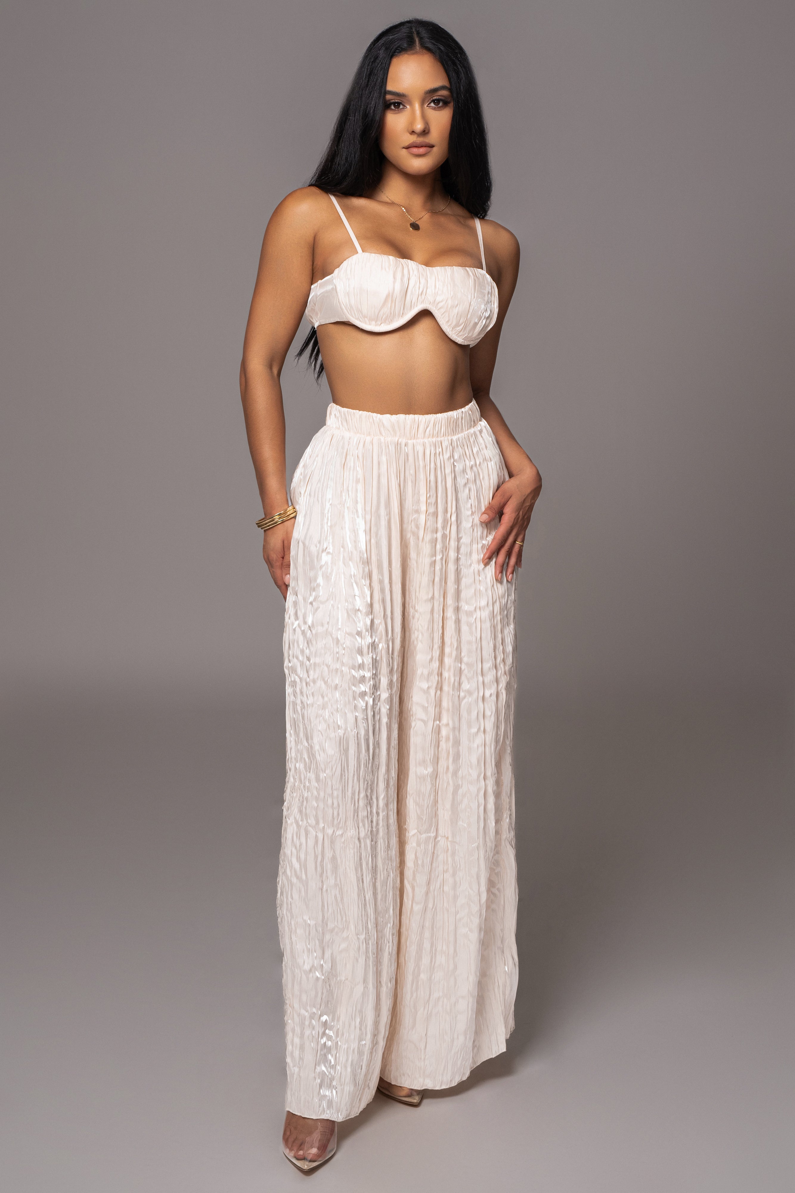 Cream Let's Get Away Satin Pant Set - JLUXLABEL