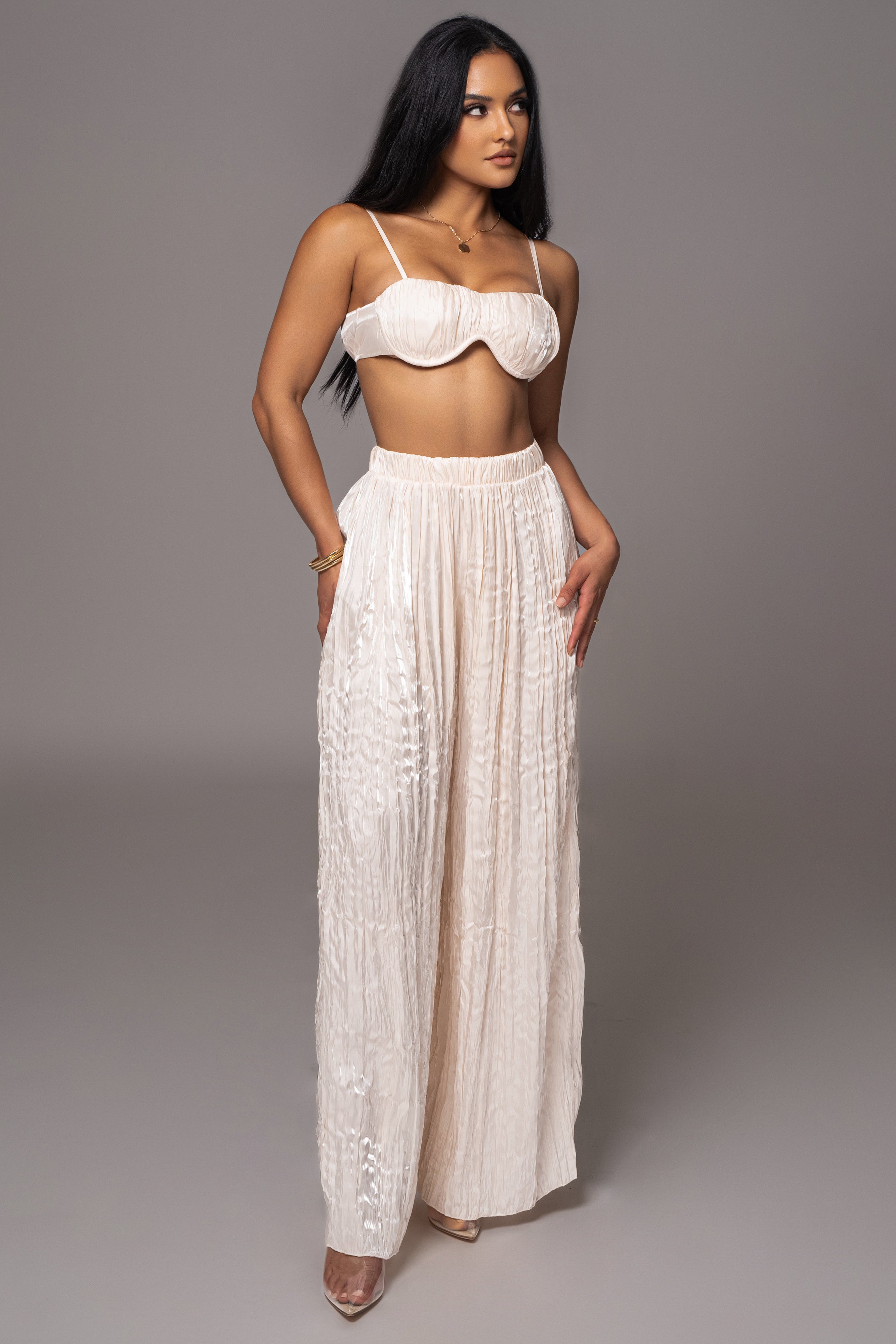 Cream Let's Get Away Satin Pant Set - JLUXLABEL