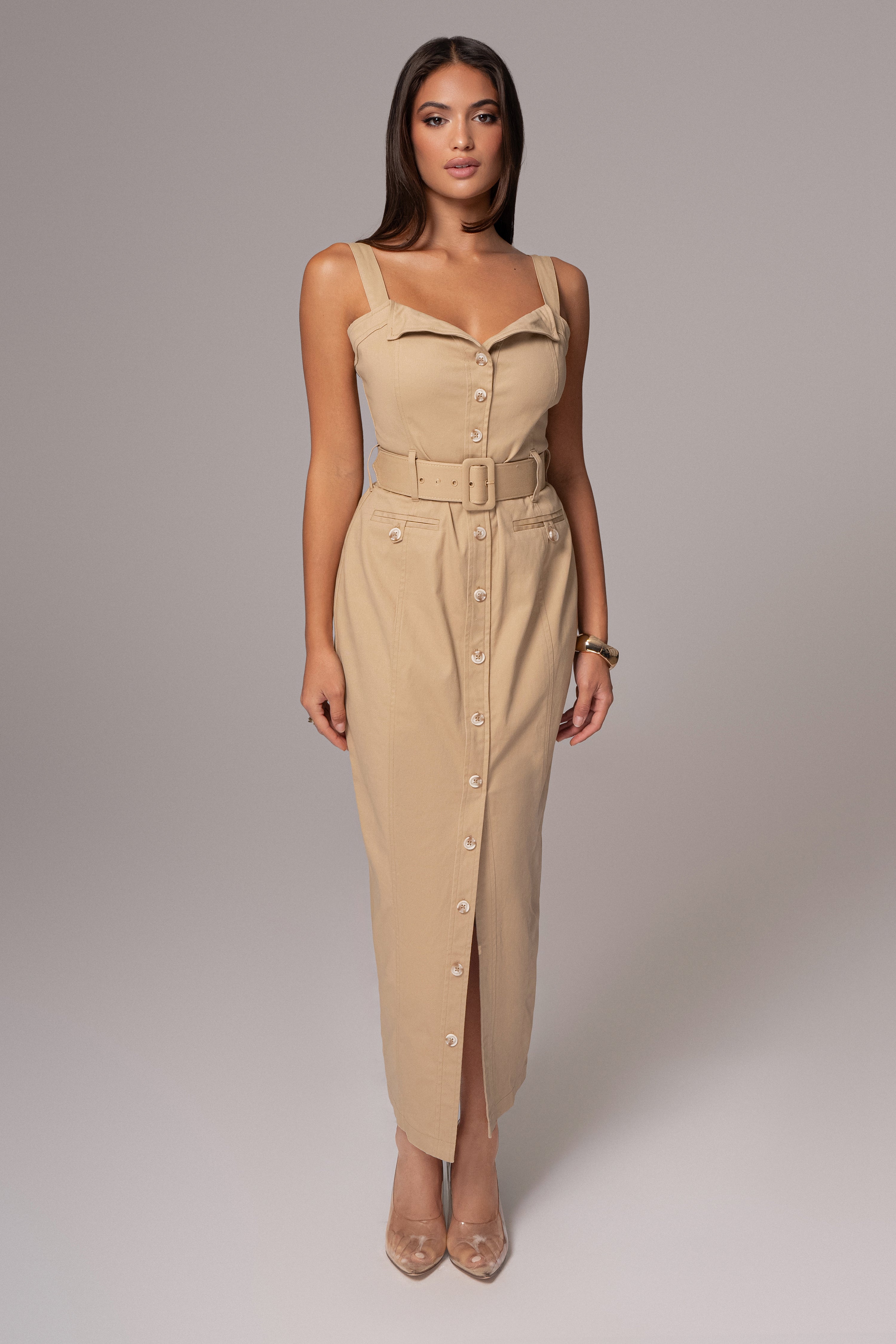 Khaki Forever Summer Belted Dress - JLUXLABEL
