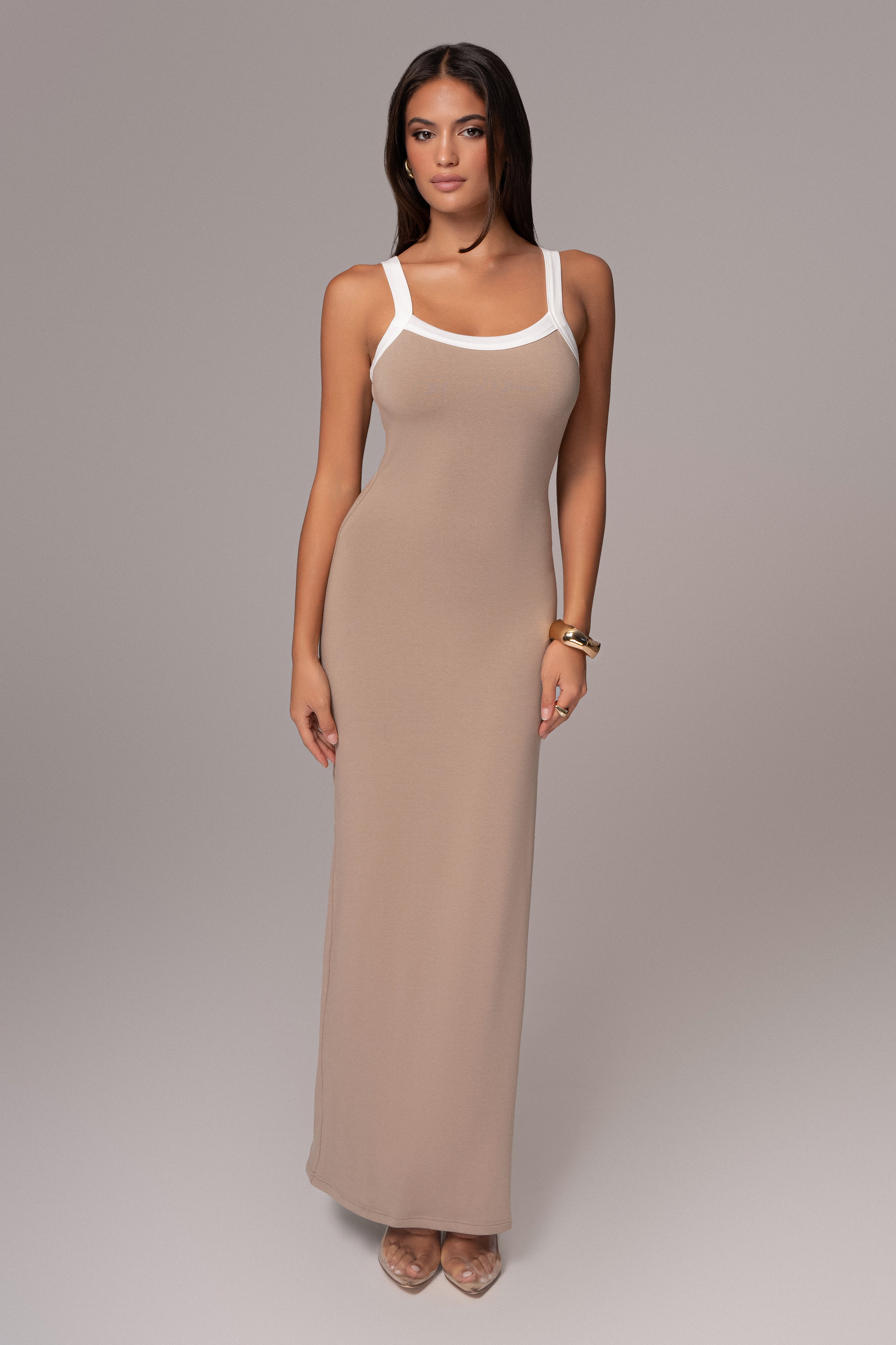 Beige Francesca Contrast Maxi Dress - JLUXLABEL