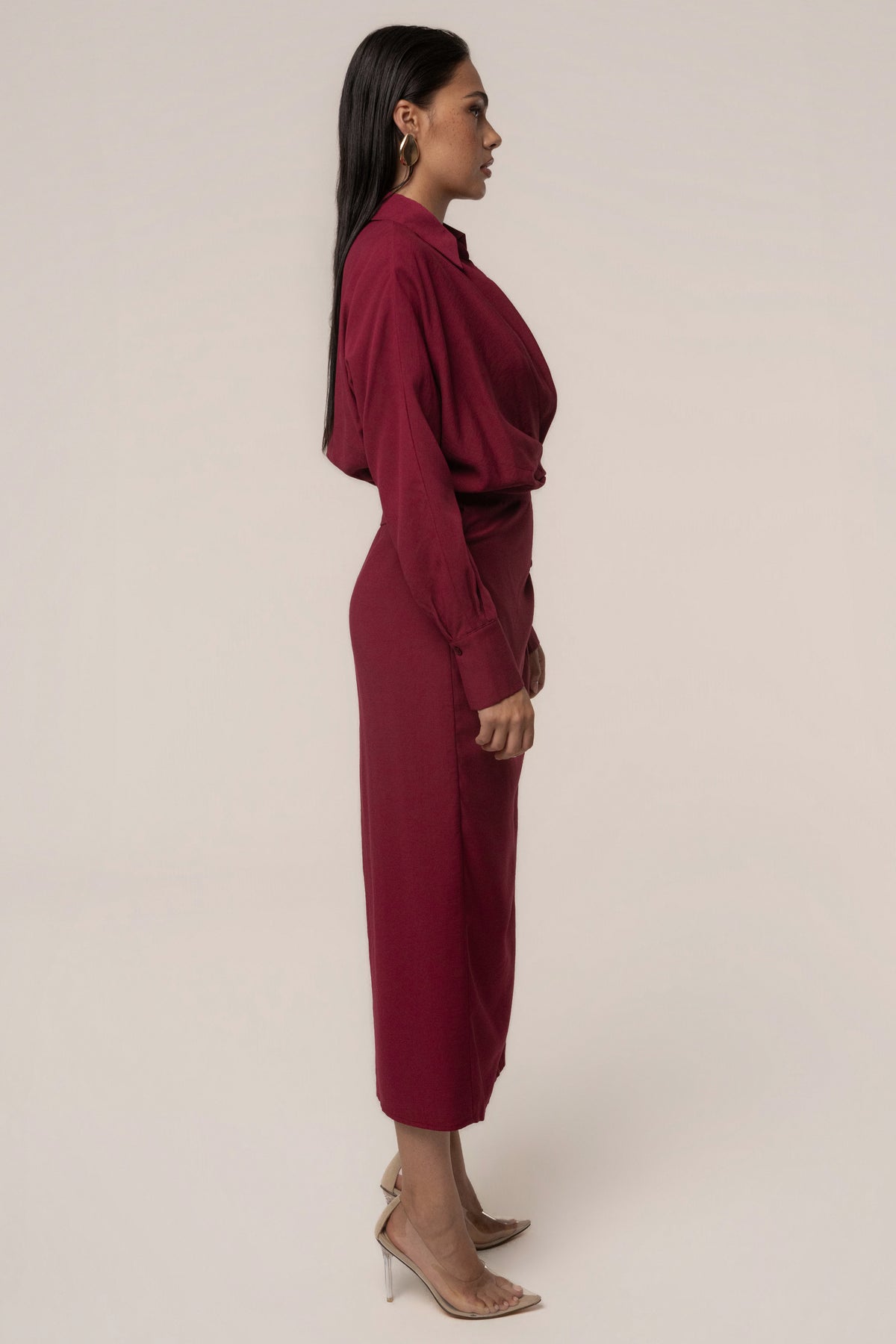 Burgundy Skyline Wrap Midi Dress
