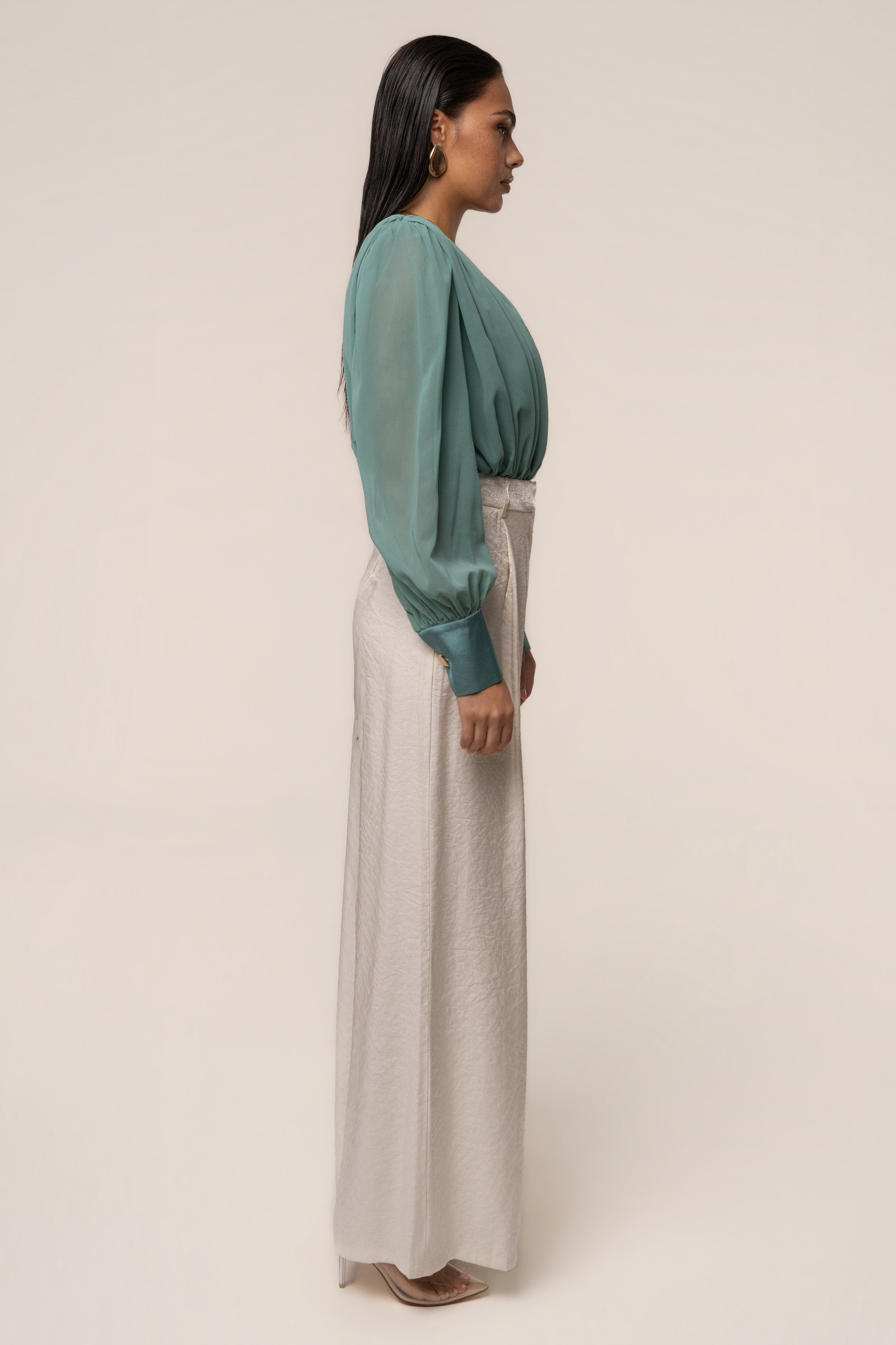 Teal JLUXLABEL pleated chiffon top with a flowy, elegant design and refined style, perfect for stylish casual or dressy occasions.