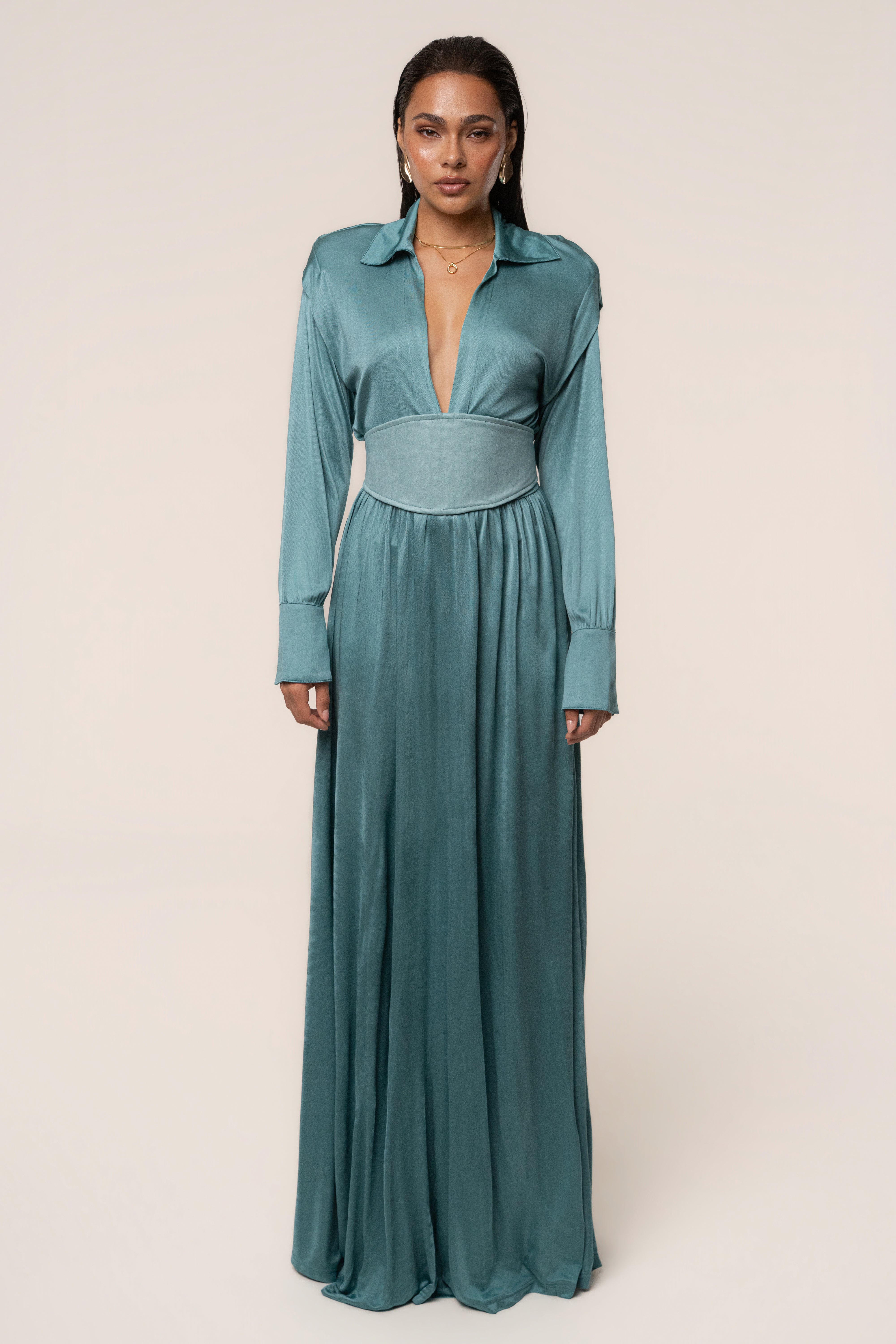 Teal high line collar maxi dress by JLUXLABEL, featuring a flowing silhouette and elegant design, ideal for stylish occasions.