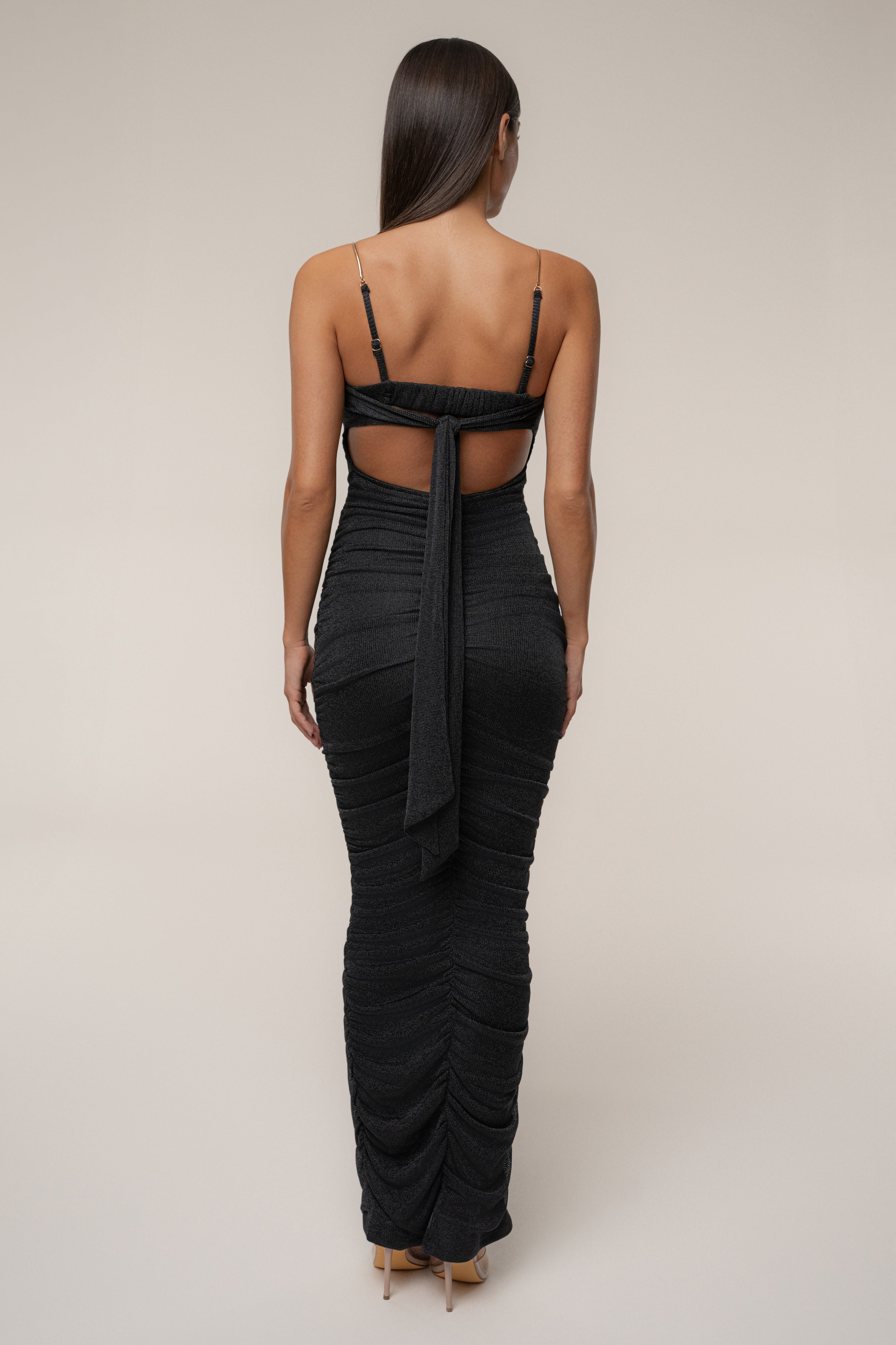 Black Ruched Metallic Maxi Dress - JLUXLABEL