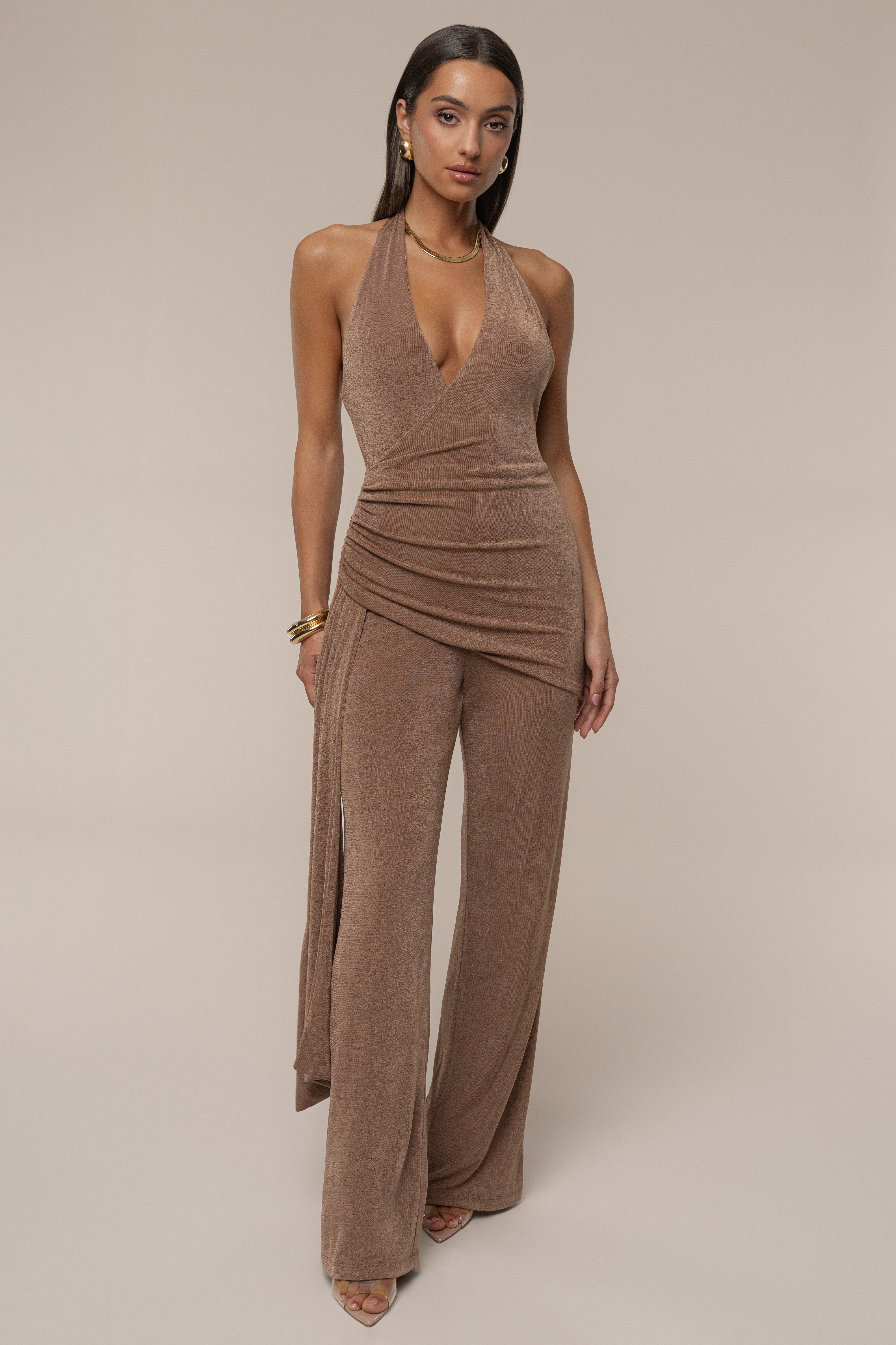 Beige Rustic Charm Halter Jumpsuit - JLUXLABEL