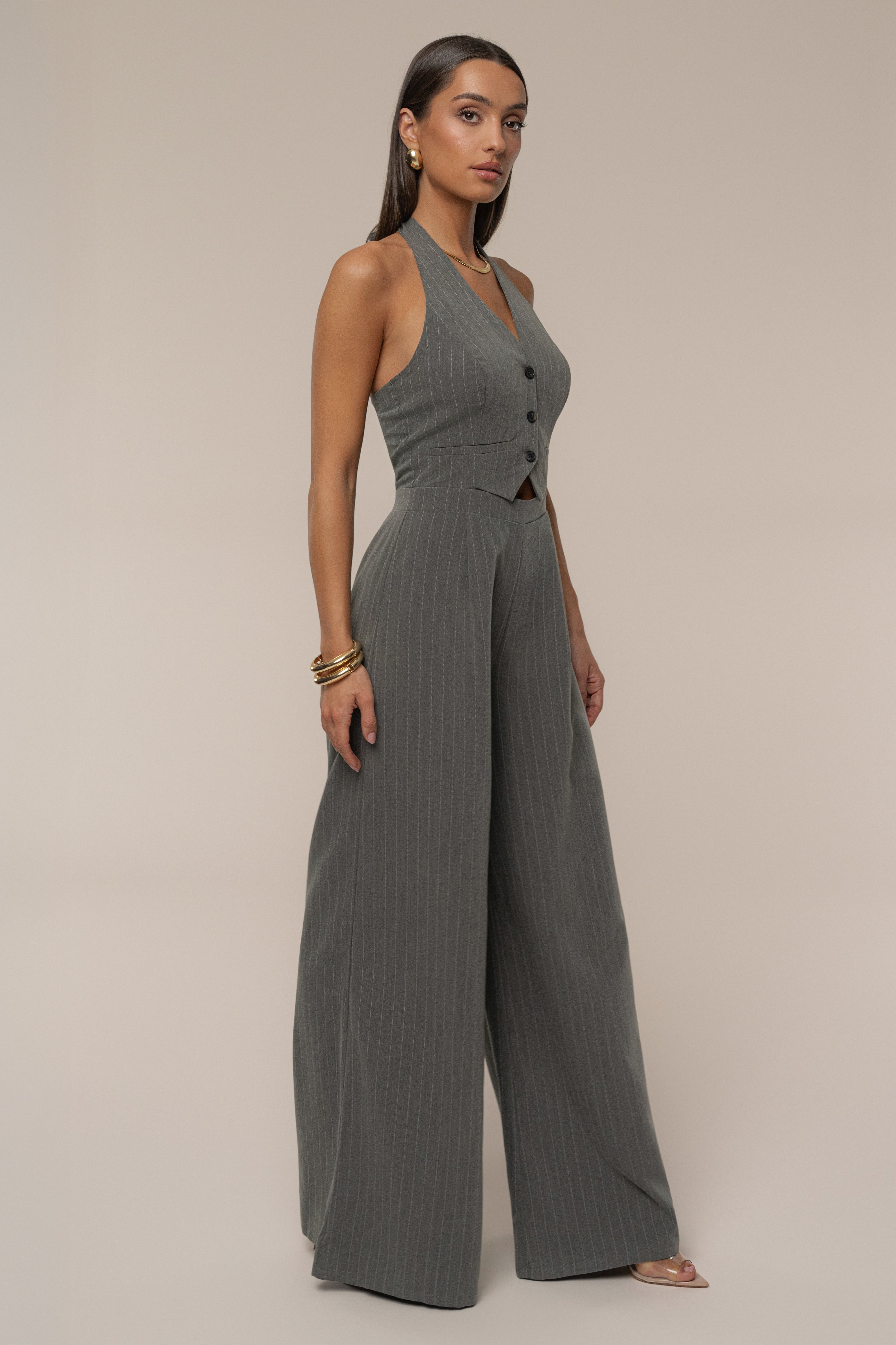 Grey Classic Pinstriped Jumpsuit - JLUXLABEL