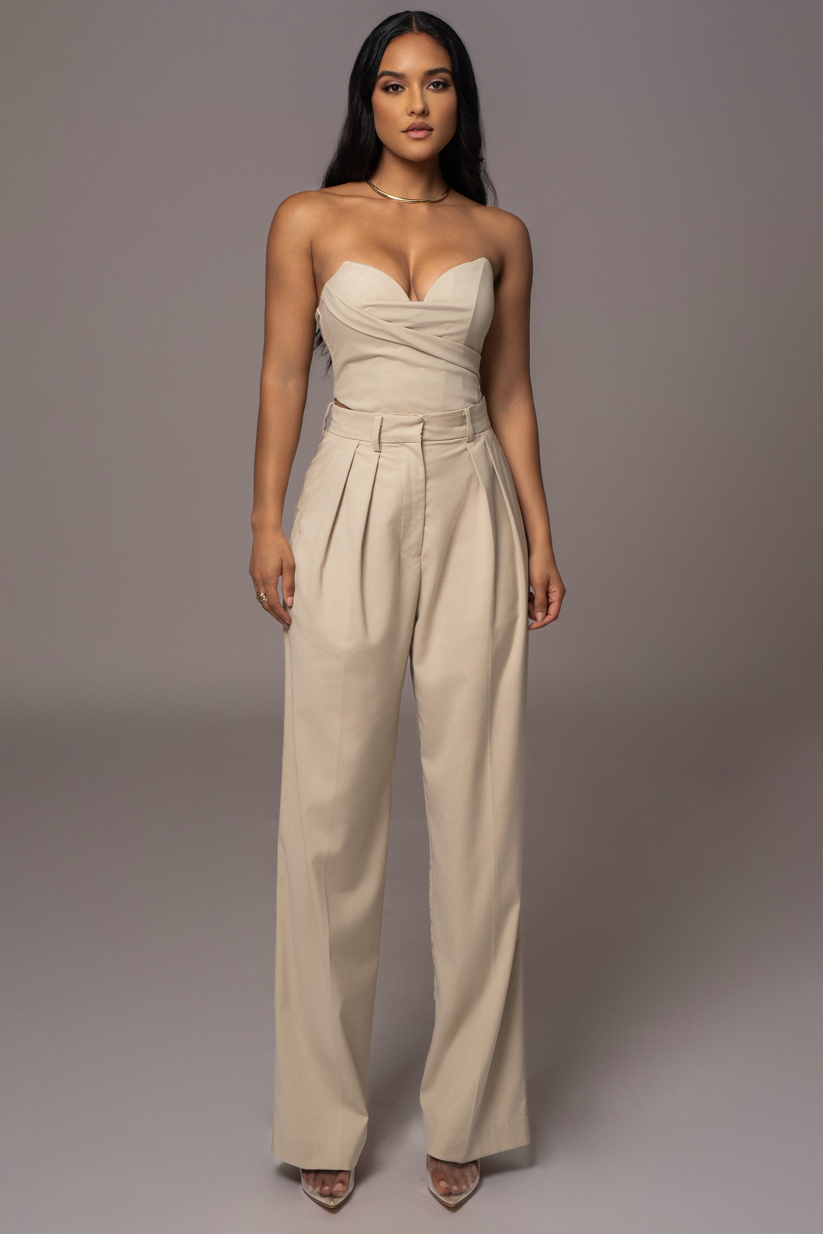 Beige Power Hour High Waist Trousers - JLUXLABEL